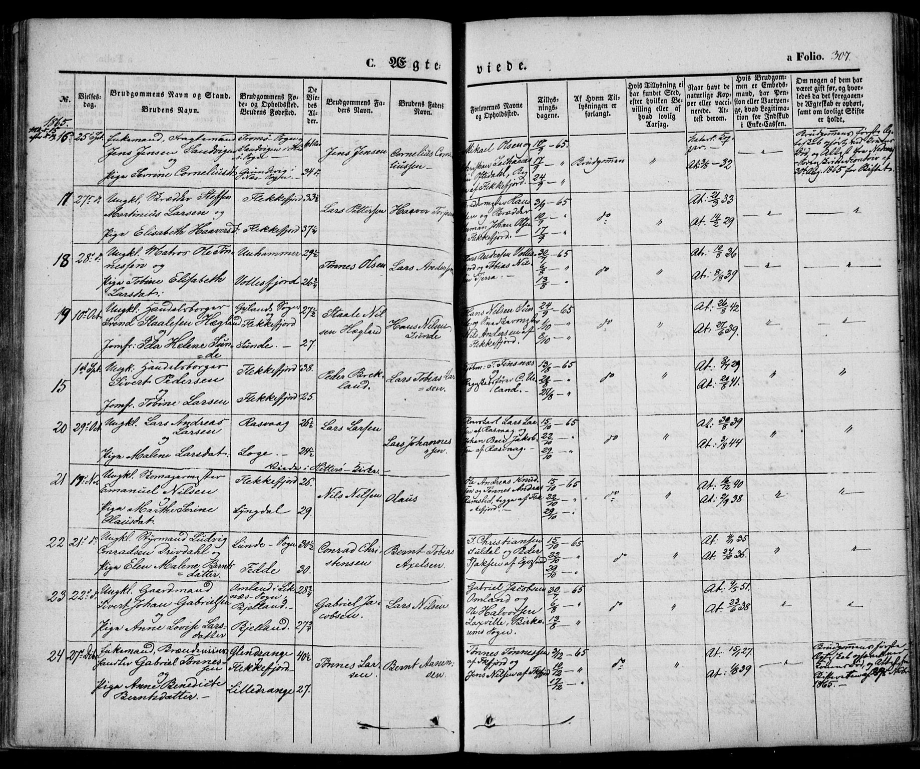 Flekkefjord sokneprestkontor, AV/SAK-1111-0012/F/Fa/Fac/L0005: Parish register (official) no. A 5, 1849-1875, p. 307