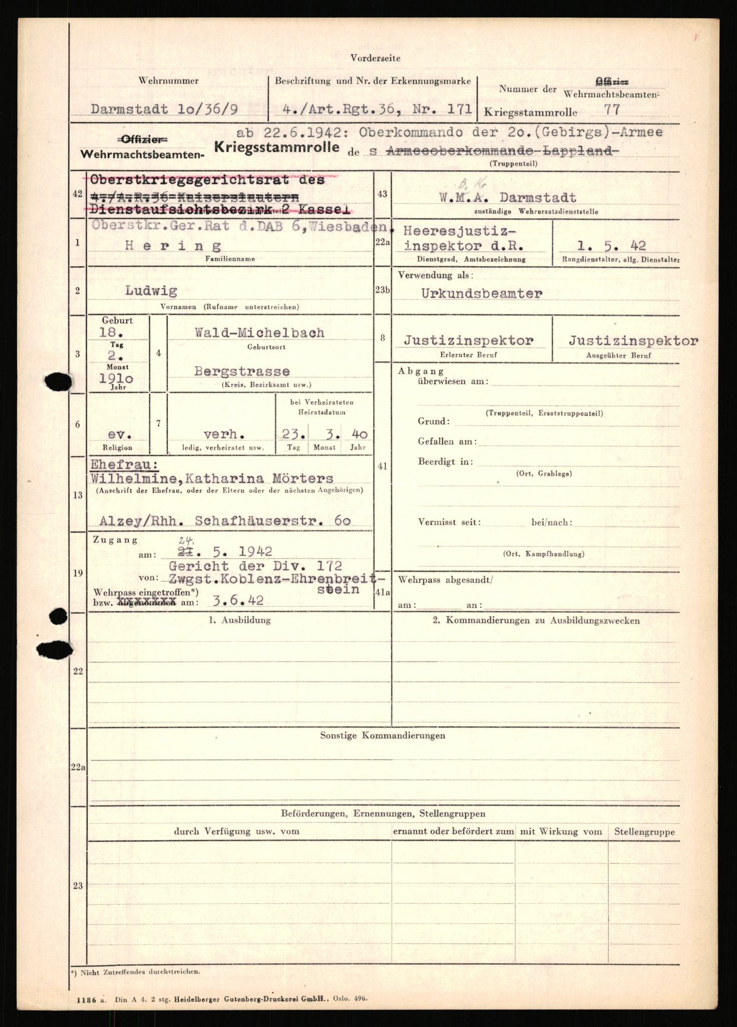 Forsvarets Overkommando. 2 kontor. Arkiv 11.4. Spredte tyske arkivsaker, AV/RA-RAFA-7031/D/Dar/Dara/L0018: Personalbøker, 1940-1945, p. 705
