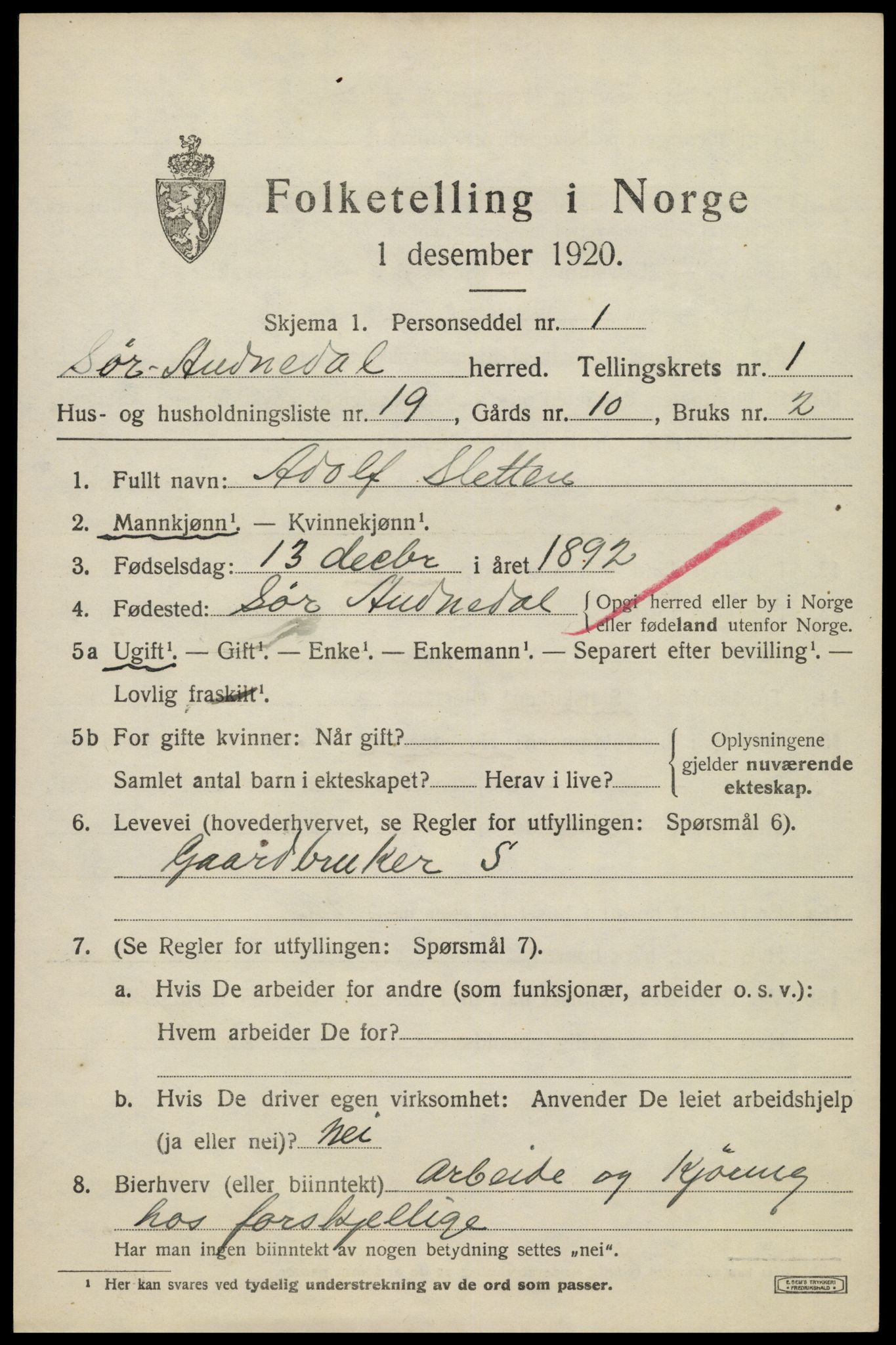 SAK, 1920 census for Sør-Audnedal, 1920, p. 1583