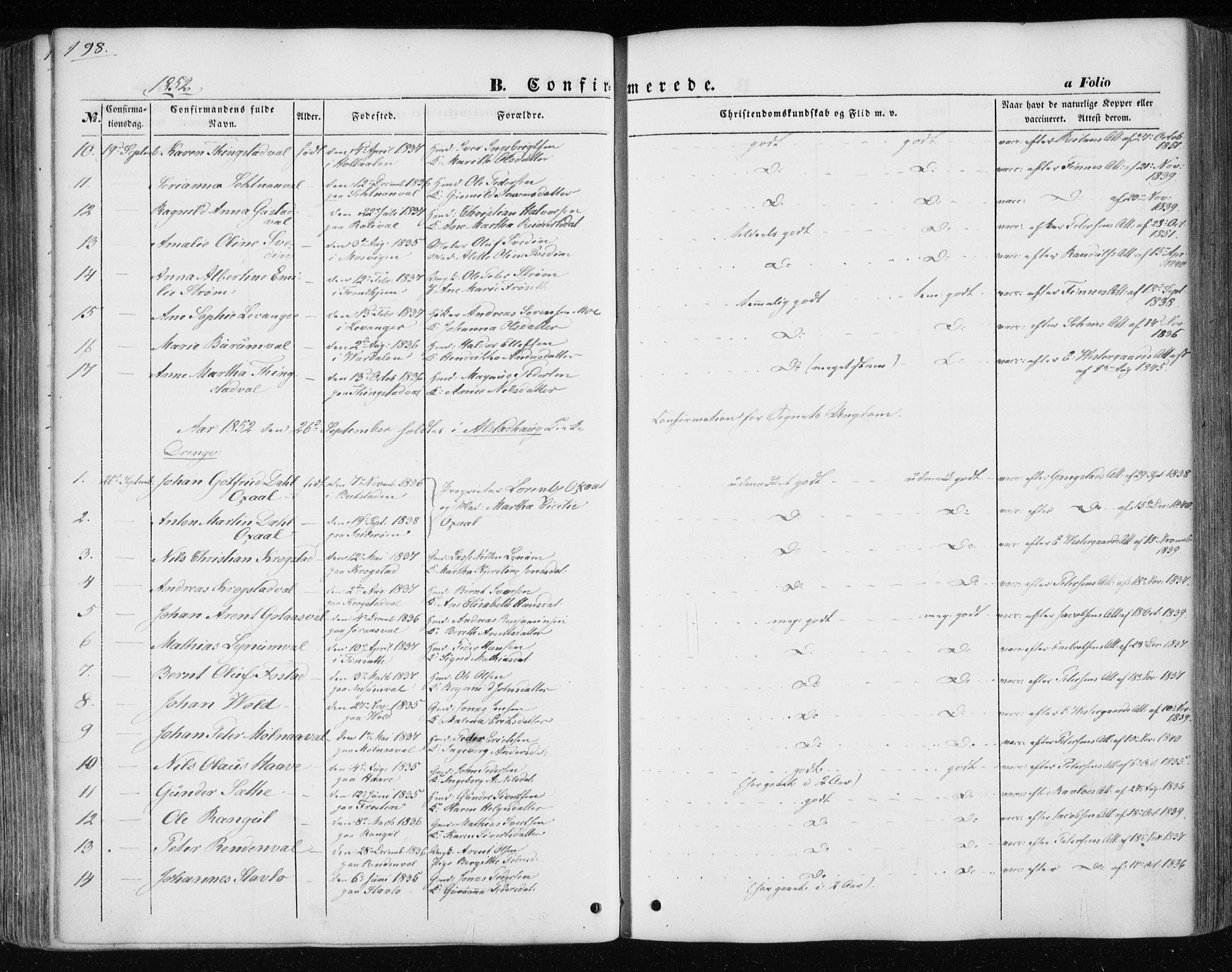 Ministerialprotokoller, klokkerbøker og fødselsregistre - Nord-Trøndelag, AV/SAT-A-1458/717/L0154: Parish register (official) no. 717A07 /1, 1850-1862, p. 198