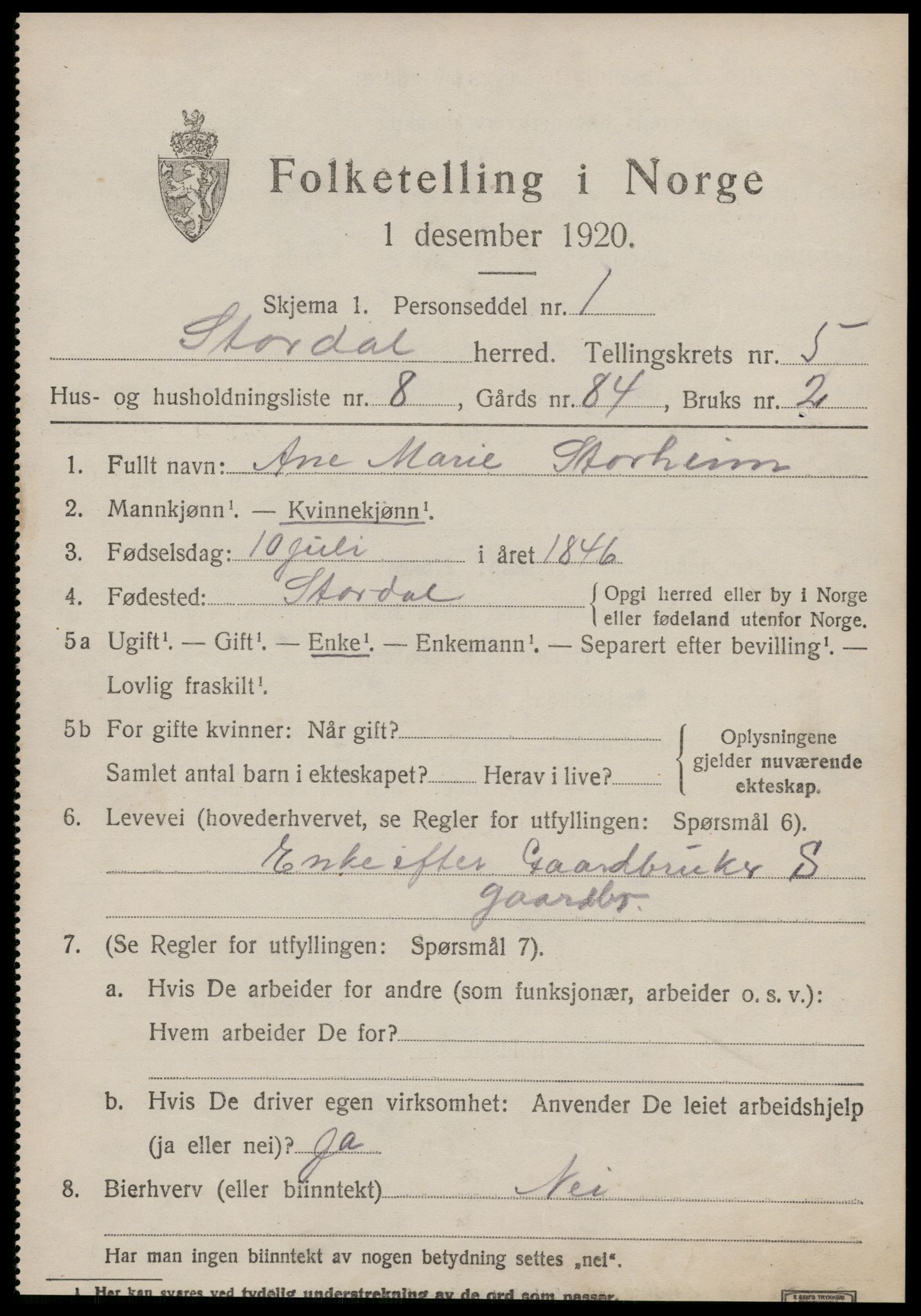 SAT, 1920 census for Stordal, 1920, p. 1628