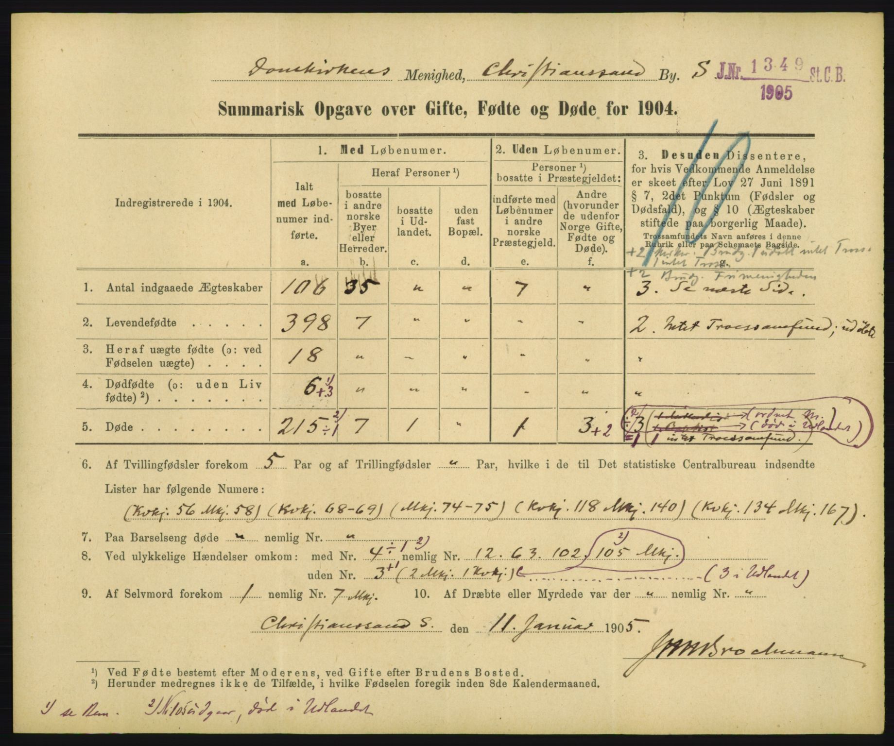 Statistisk sentralbyrå, Sosiodemografiske emner, Befolkning, RA/S-2228/D/Df/Dfa/Dfab/L0028: Summariske oppgaver over fødte, gifte, døde. Byer, 1904, p. 123