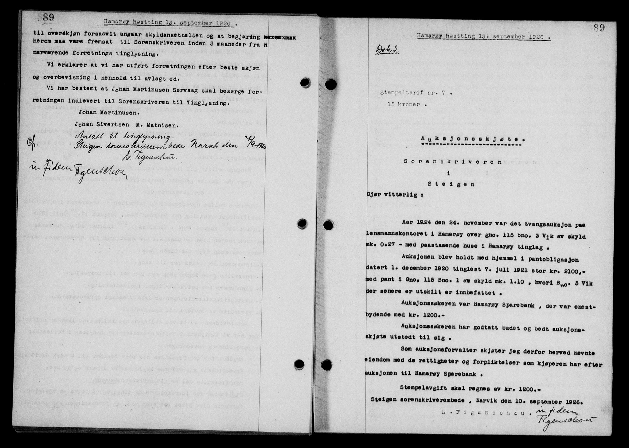 Steigen og Ofoten sorenskriveri, SAT/A-0030/1/2/2C/L0014: Mortgage book no. 13 og 15, 1926-1927, Deed date: 13.09.1926