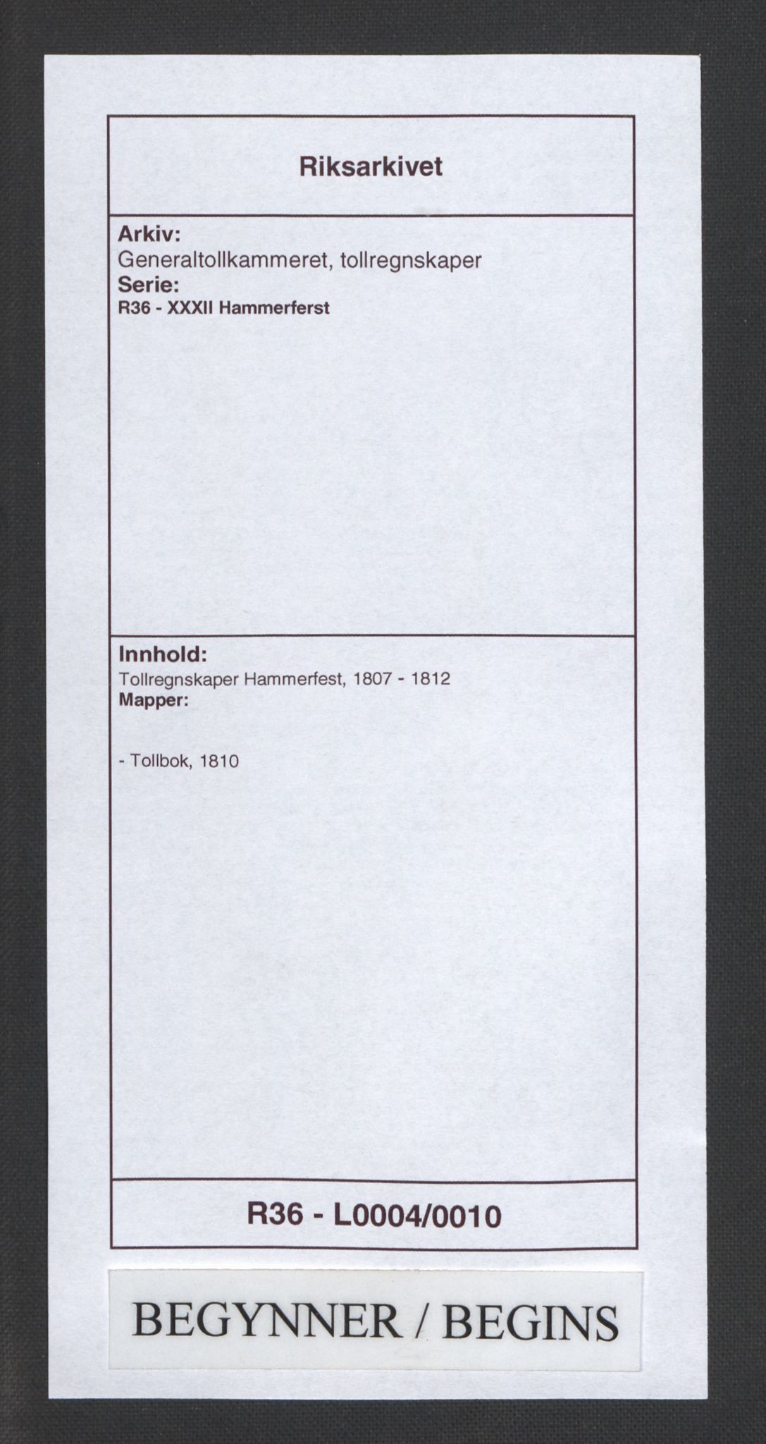 Generaltollkammeret, tollregnskaper, AV/RA-EA-5490/R36/L0004/0014: Tollregnskaper Hammerfest / Tollbok, 1810