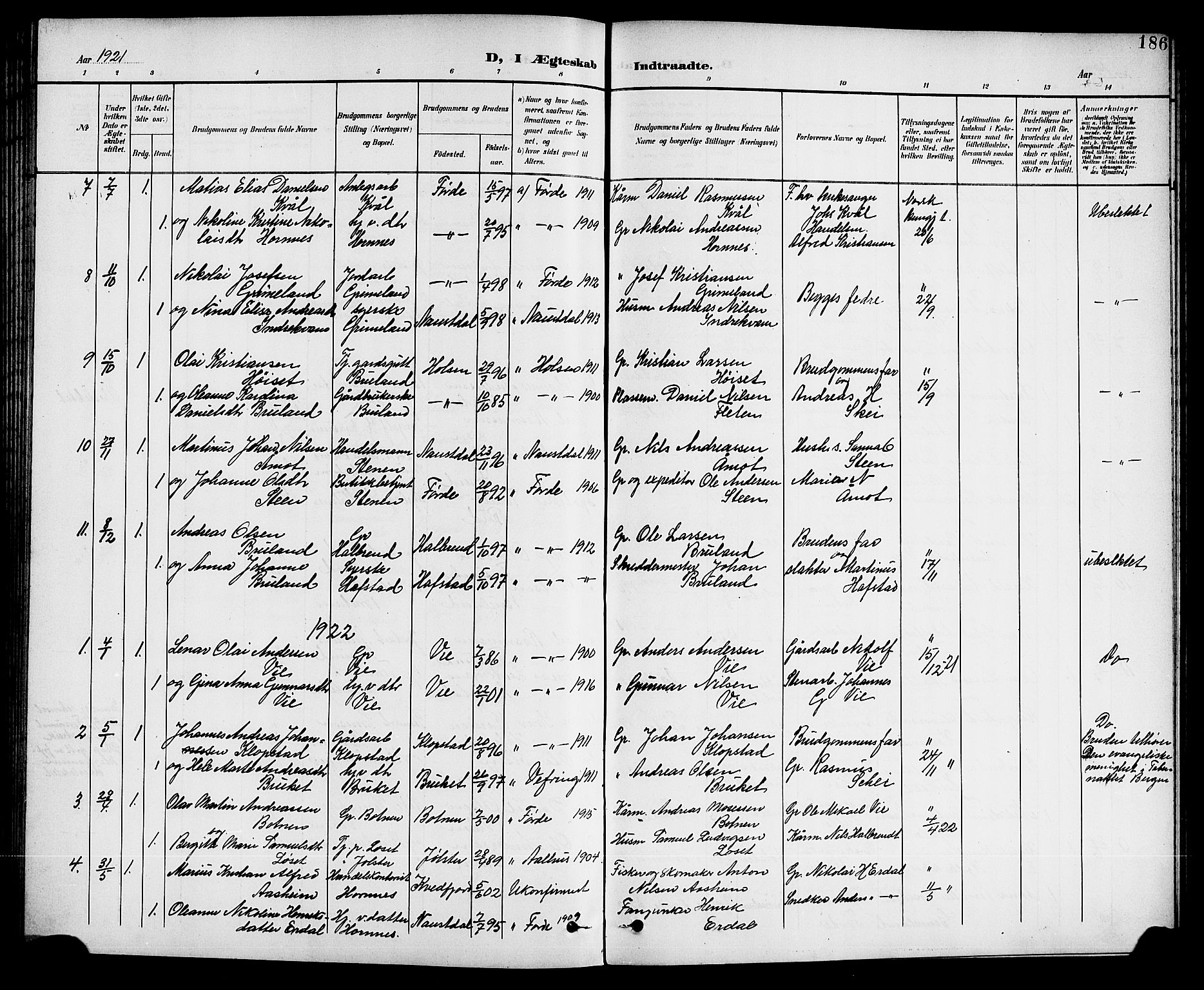 Førde sokneprestembete, AV/SAB-A-79901/H/Hab/Haba/L0003: Parish register (copy) no. A 3, 1899-1924, p. 186