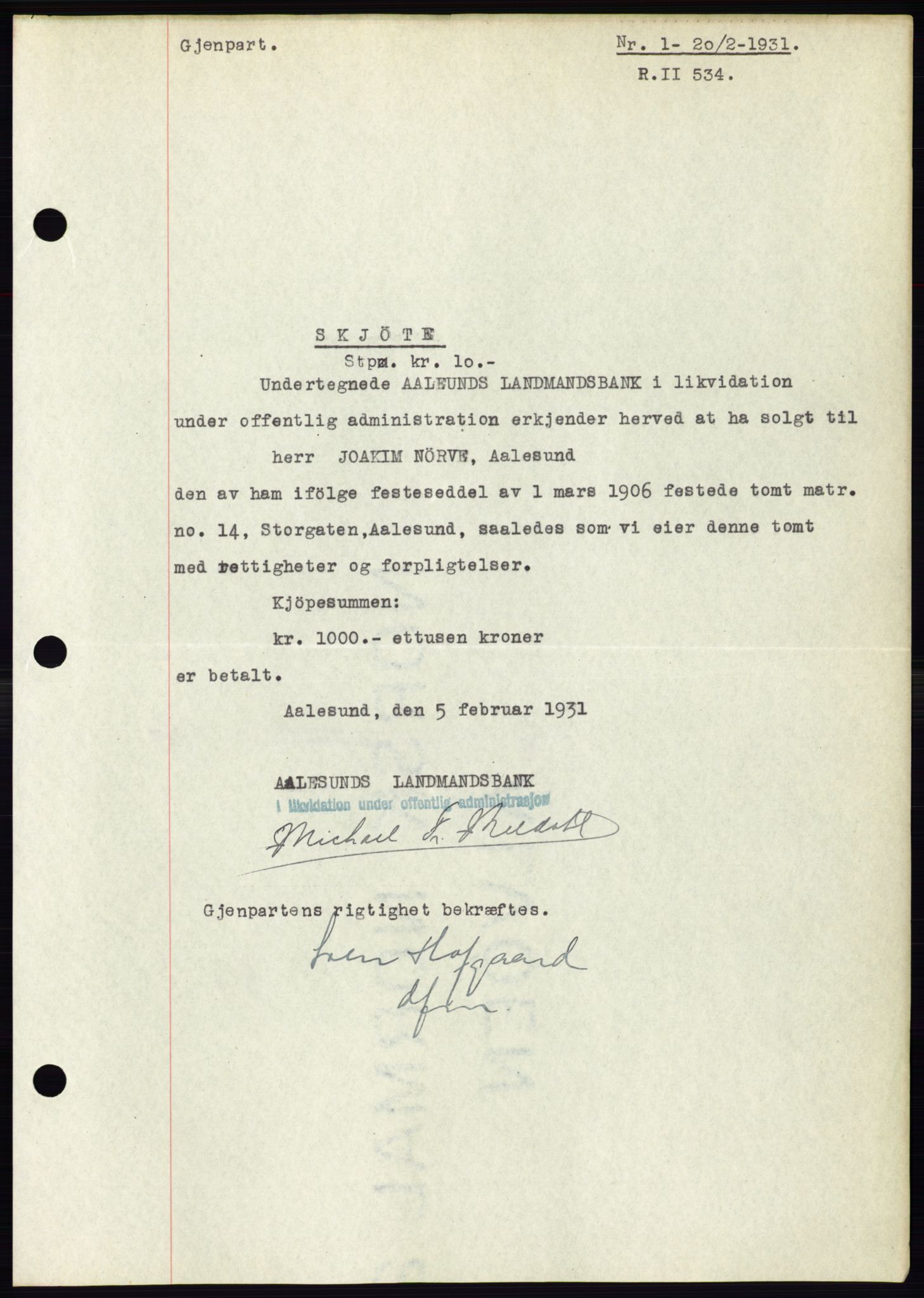 Ålesund byfogd, AV/SAT-A-4384: Mortgage book no. 27, 1930-1931, Deed date: 20.02.1931