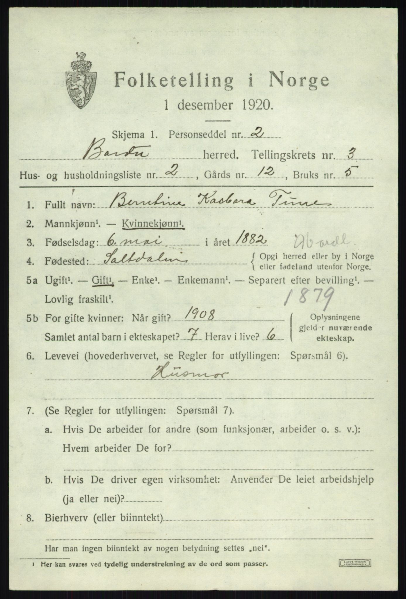 SATØ, 1920 census for Bardu, 1920, p. 1179