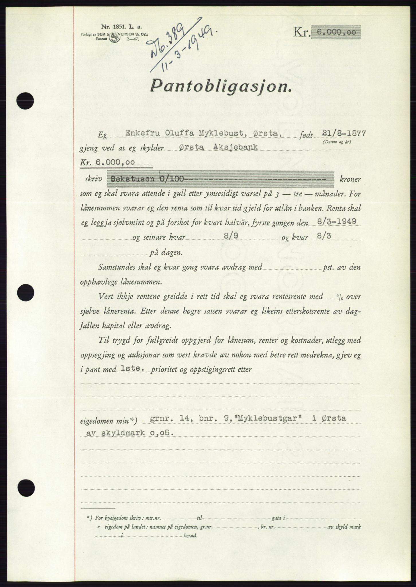 Søre Sunnmøre sorenskriveri, AV/SAT-A-4122/1/2/2C/L0116: Mortgage book no. 4B, 1948-1949, Diary no: : 389/1949