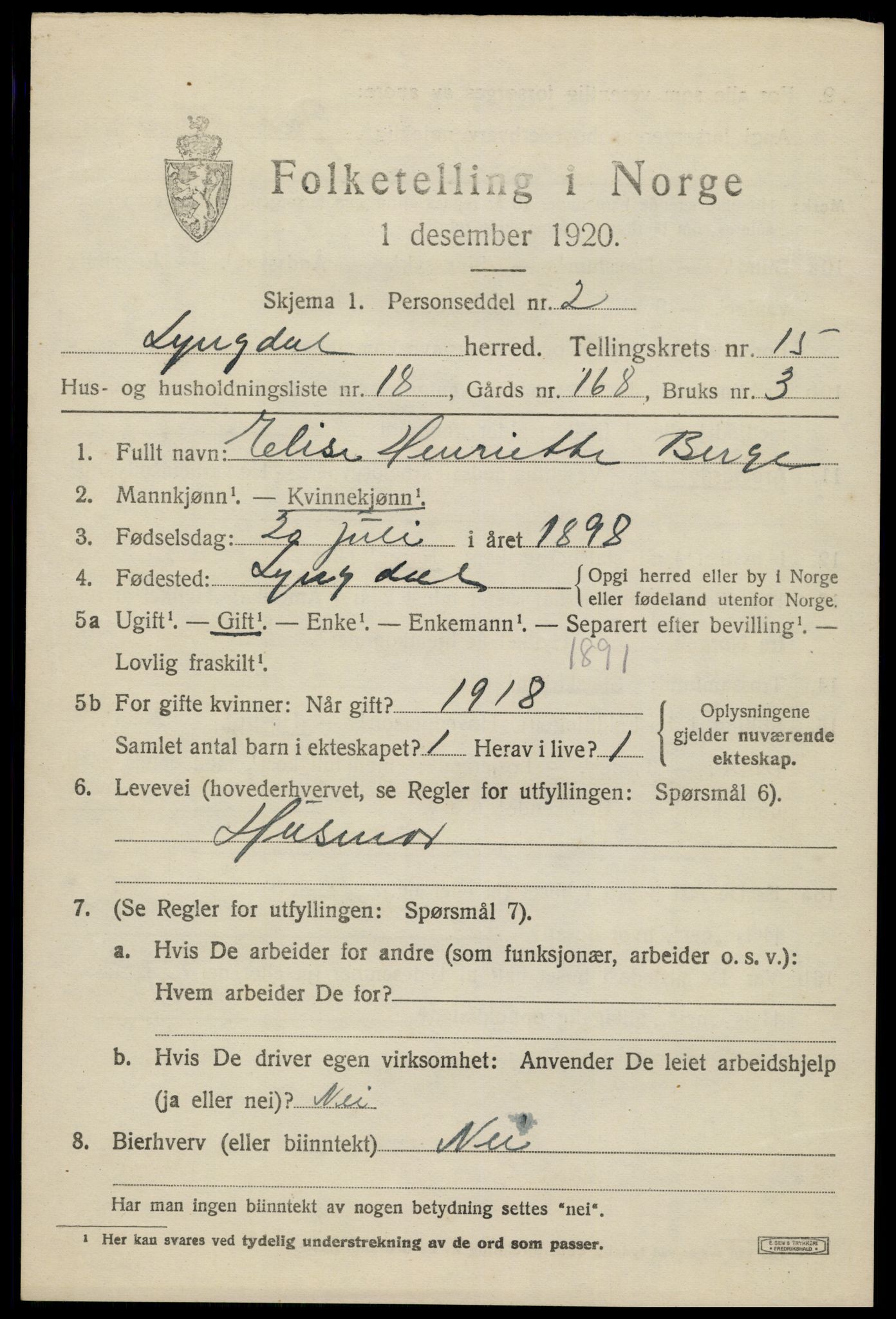 SAK, 1920 census for Lyngdal, 1920, p. 6477