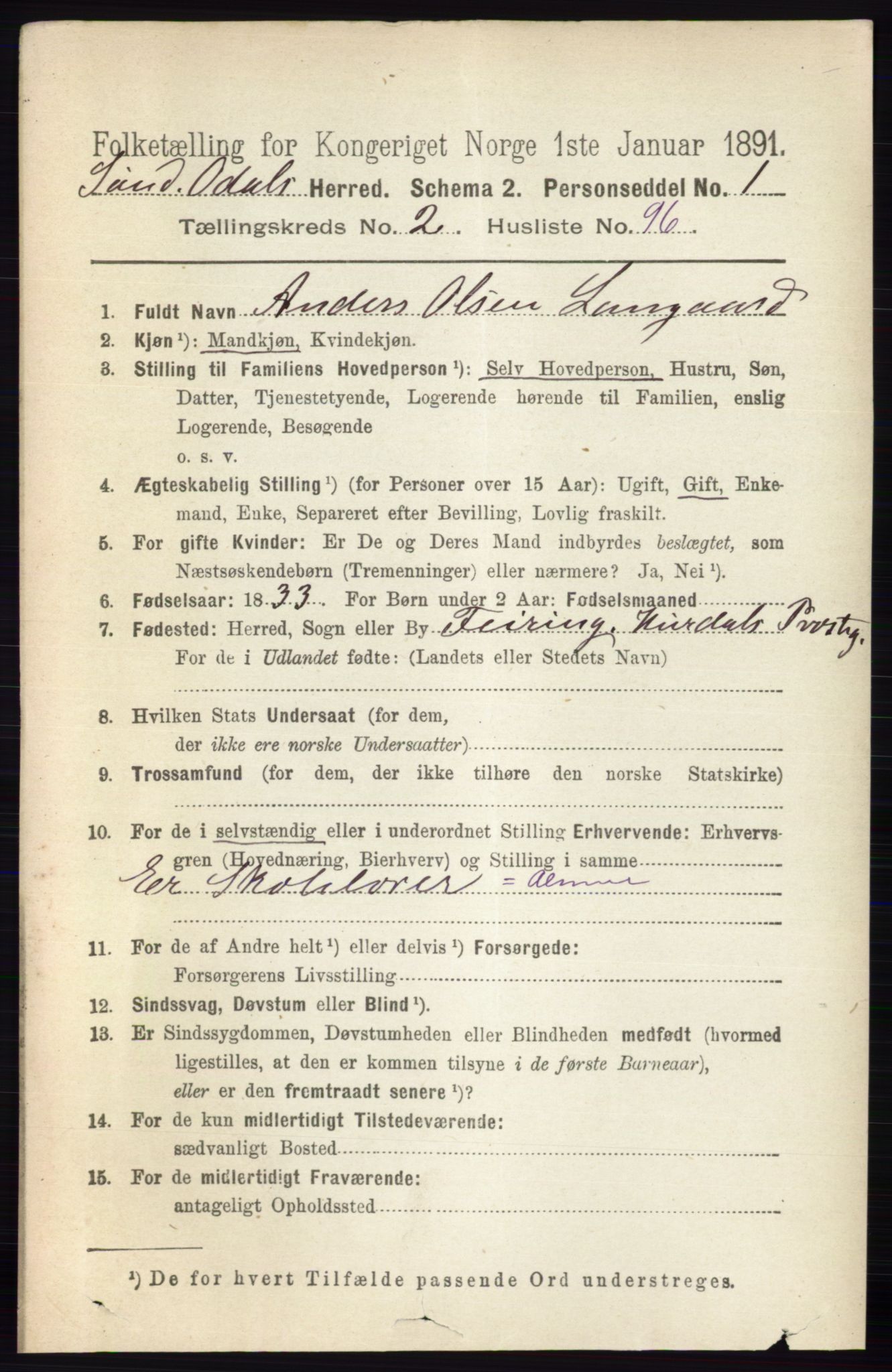 RA, 1891 census for 0419 Sør-Odal, 1891, p. 1070