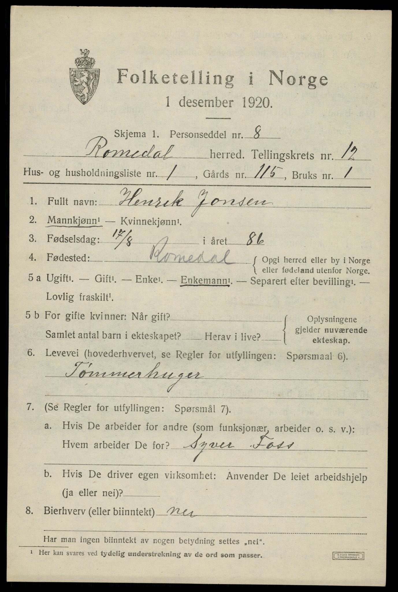 SAH, 1920 census for Romedal, 1920, p. 12609