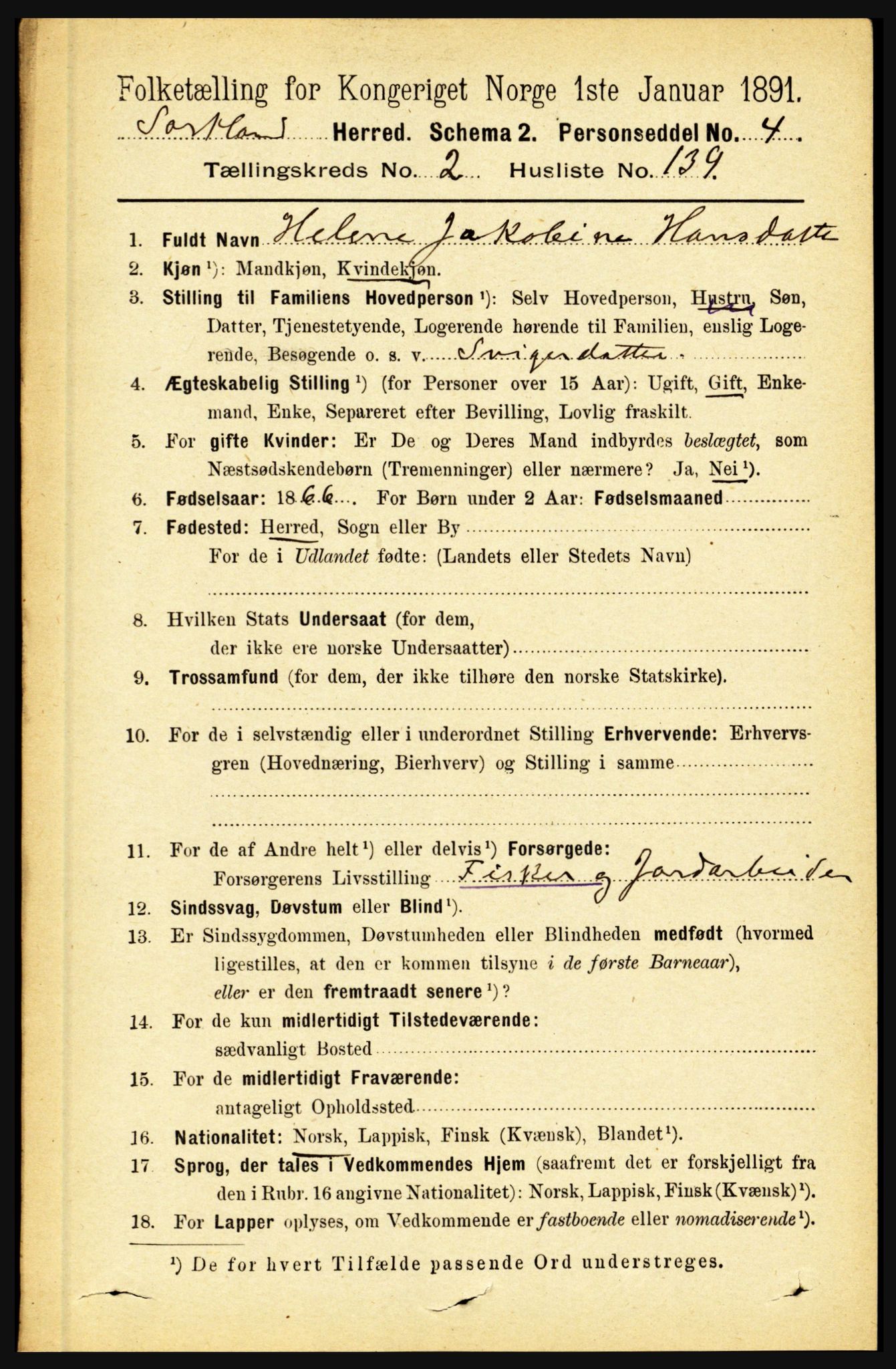 RA, 1891 census for 1870 Sortland, 1891, p. 2057