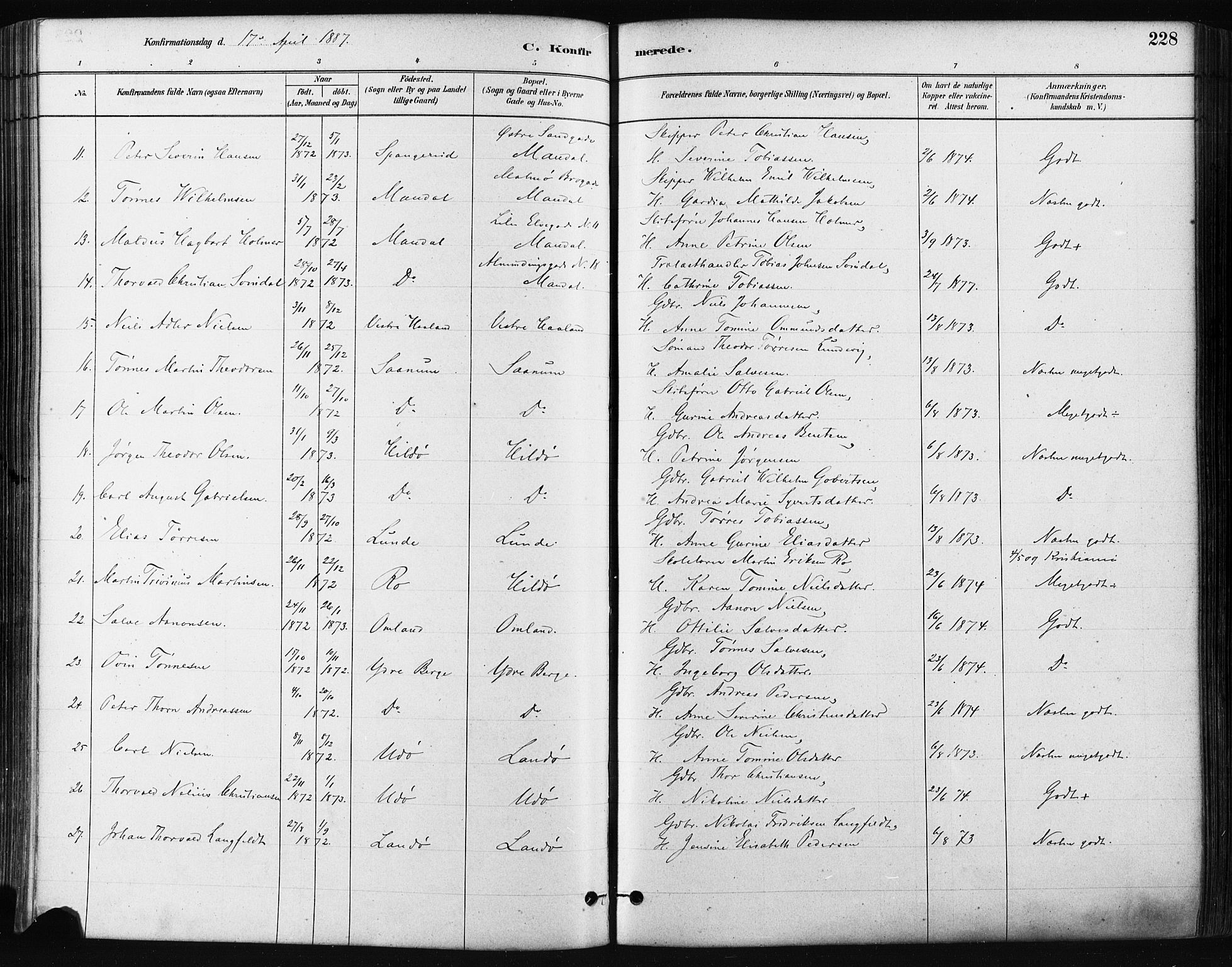 Mandal sokneprestkontor, AV/SAK-1111-0030/F/Fa/Faa/L0016: Parish register (official) no. A 16, 1880-1890, p. 228