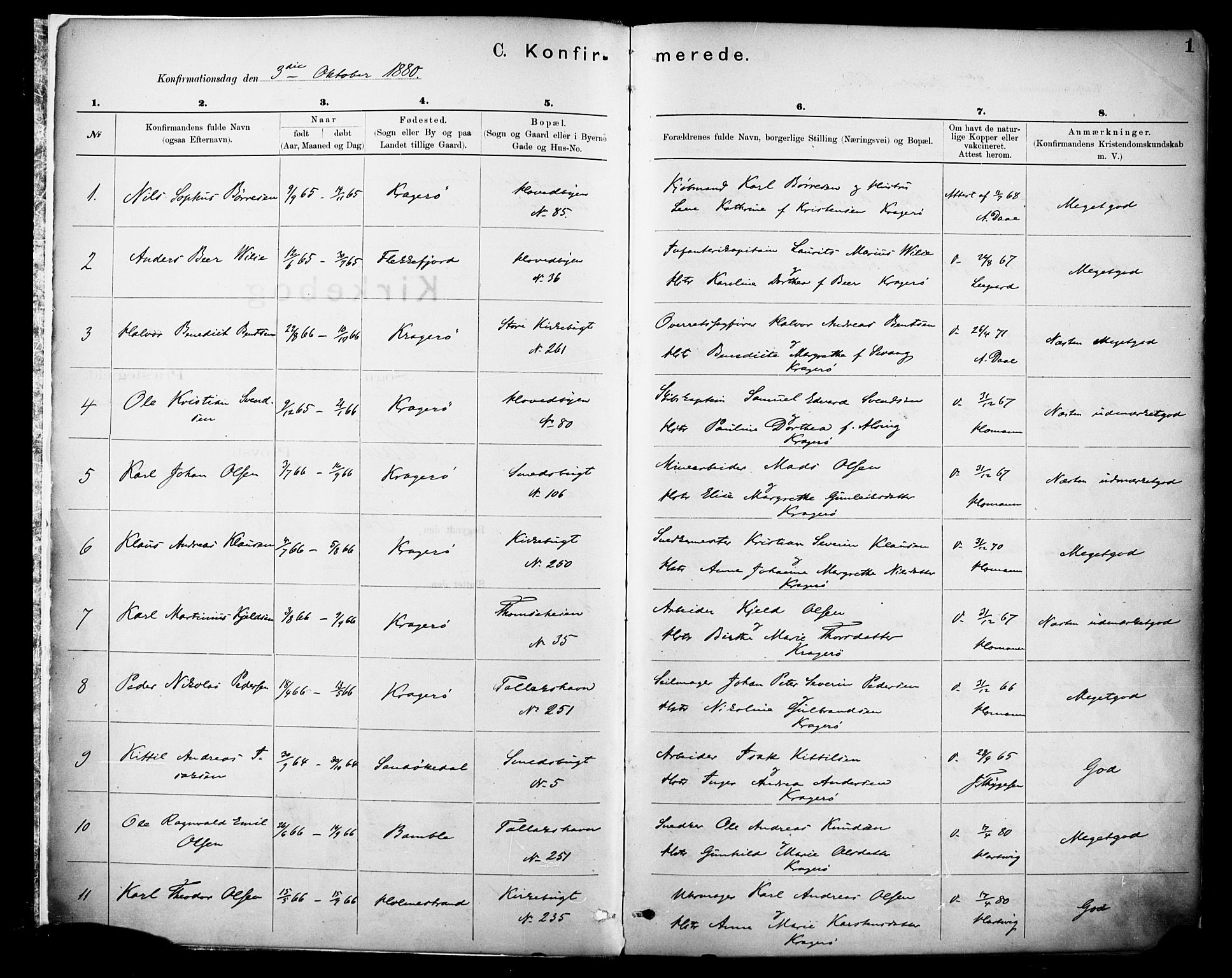 Kragerø kirkebøker, SAKO/A-278/F/Fa/L0012: Parish register (official) no. 12, 1880-1904, p. 1