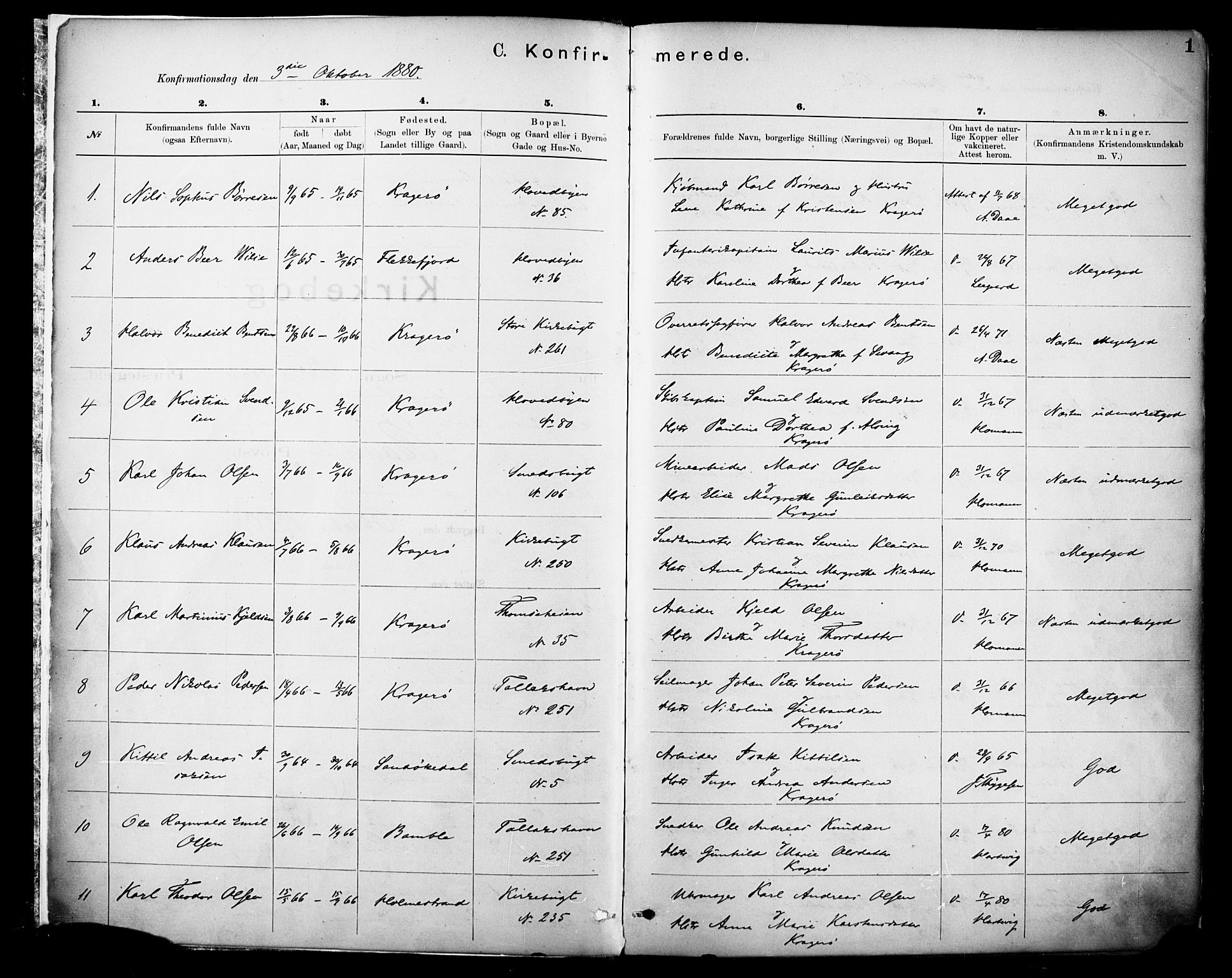 Kragerø kirkebøker, AV/SAKO-A-278/F/Fa/L0012: Parish register (official) no. 12, 1880-1904, p. 1