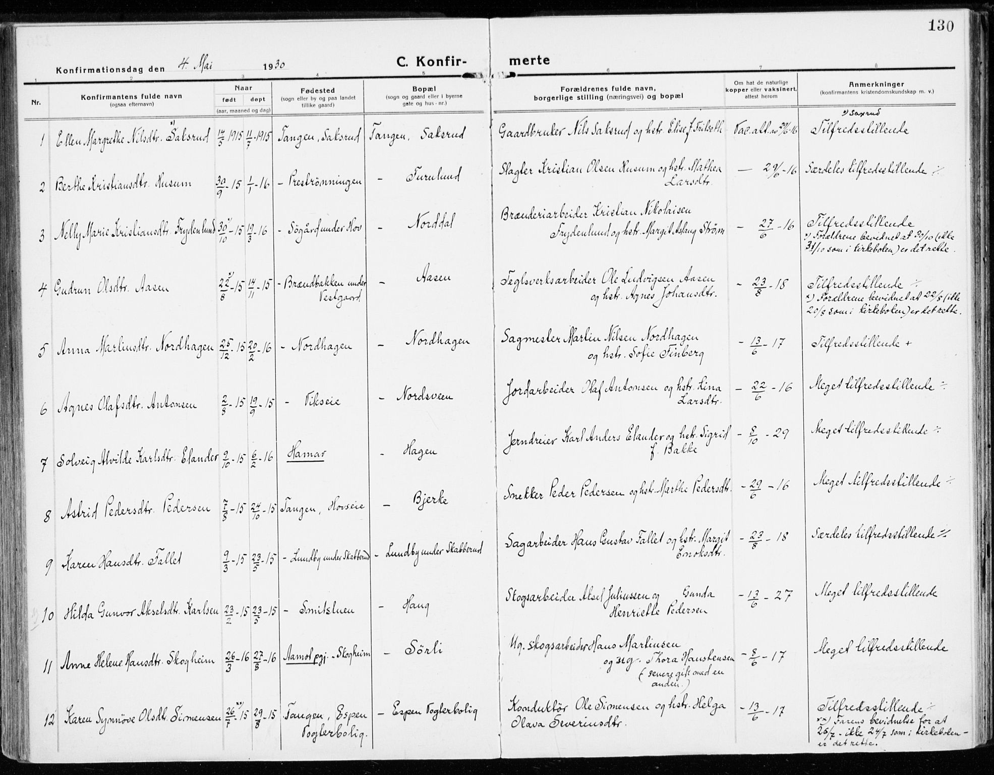 Stange prestekontor, AV/SAH-PREST-002/K/L0025: Parish register (official) no. 25, 1921-1945, p. 130