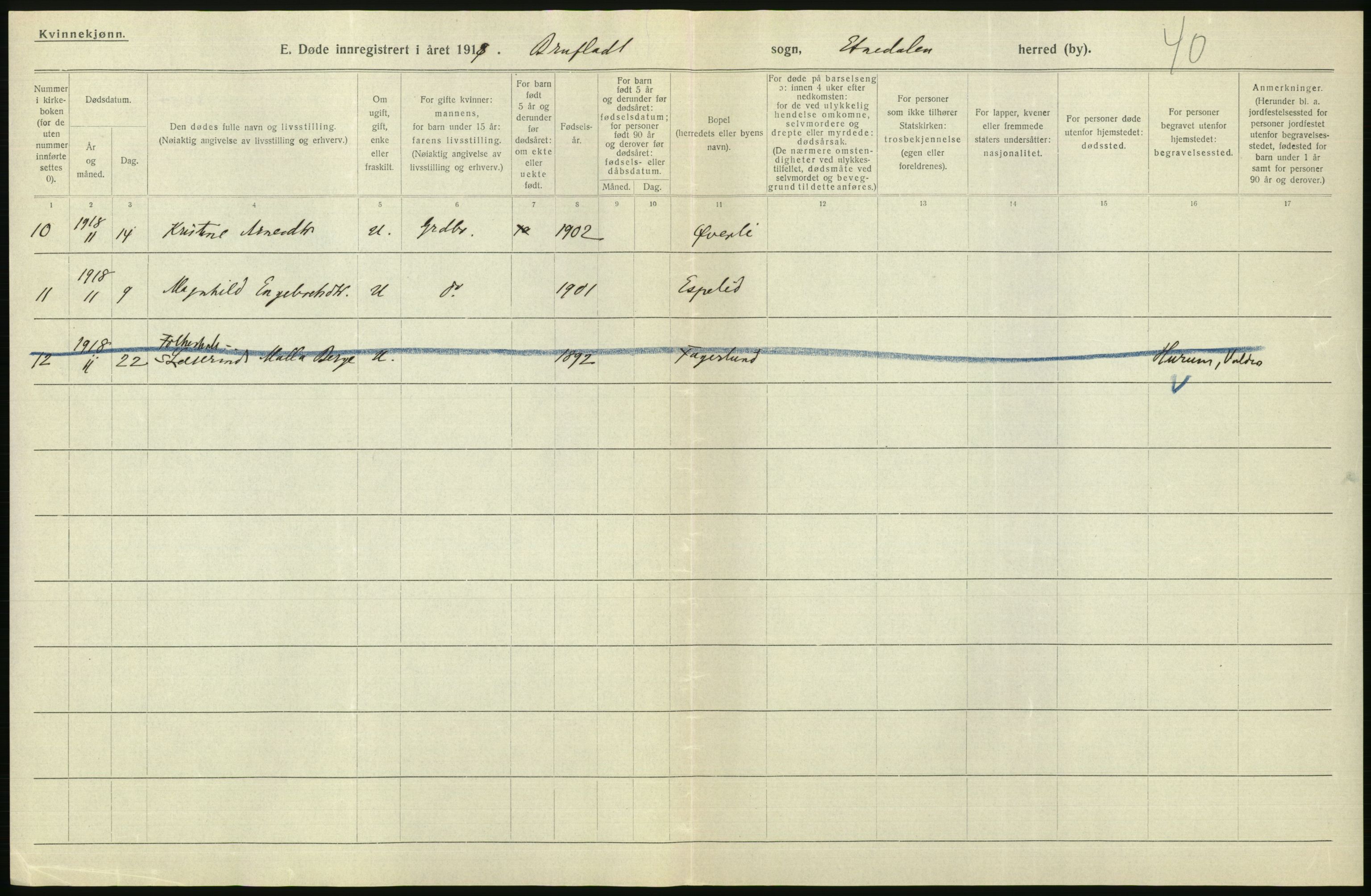 Statistisk sentralbyrå, Sosiodemografiske emner, Befolkning, AV/RA-S-2228/D/Df/Dfb/Dfbh/L0017: Oppland fylke: Døde. Bygder og byer., 1918, p. 292