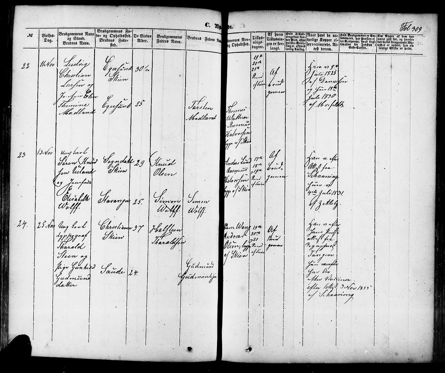 Skien kirkebøker, AV/SAKO-A-302/F/Fa/L0006a: Parish register (official) no. 6A, 1843-1856, p. 309