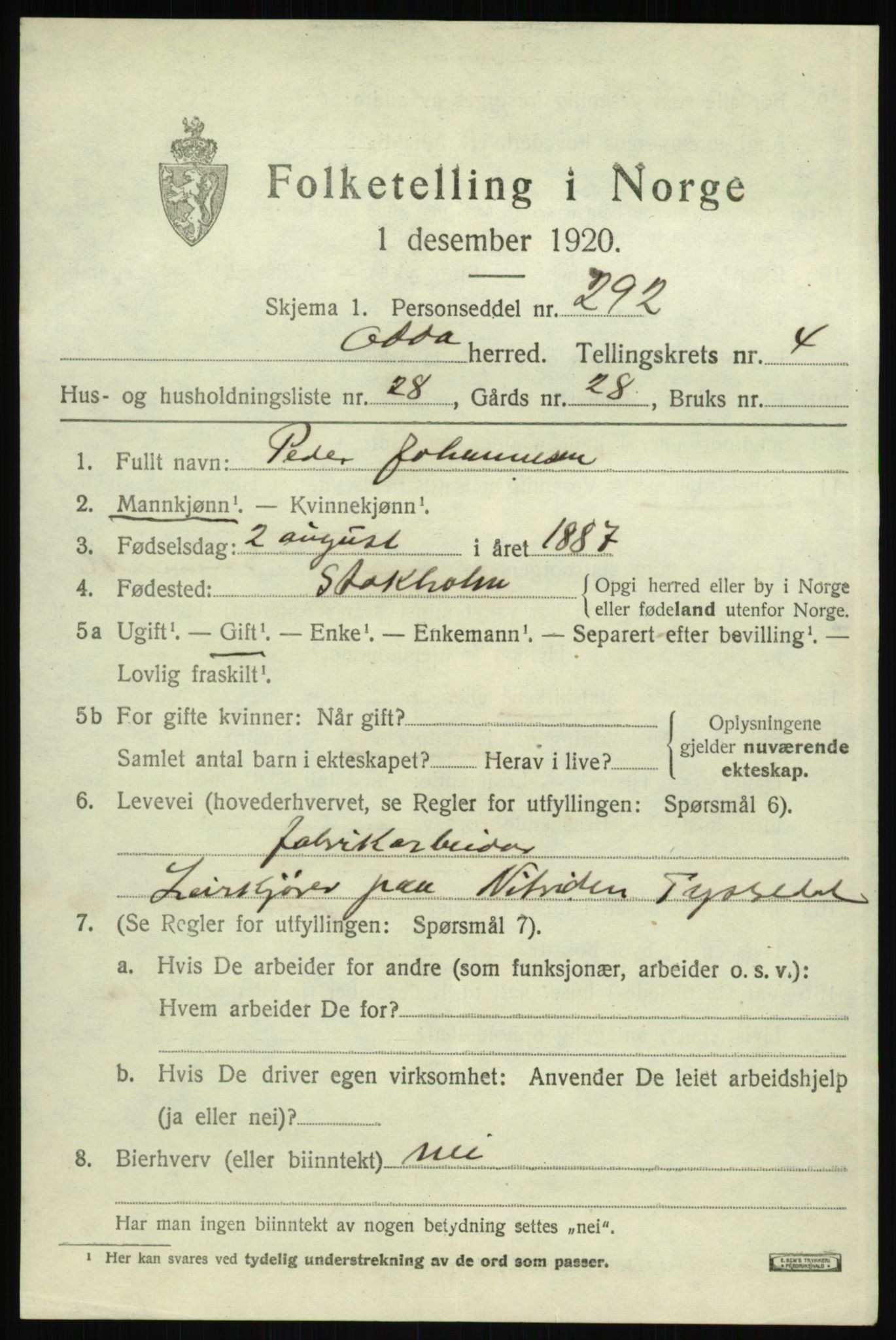 SAB, 1920 census for Odda, 1920, p. 3155