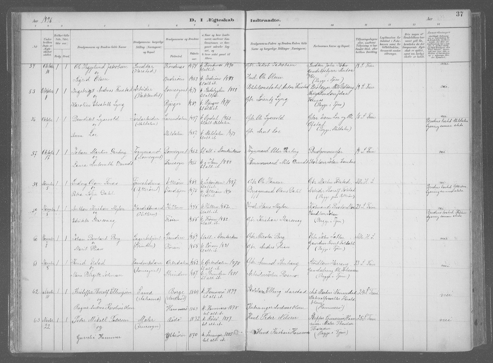 Ministerialprotokoller, klokkerbøker og fødselsregistre - Sør-Trøndelag, SAT/A-1456/601/L0064: Parish register (official) no. 601A31, 1891-1911, p. 37