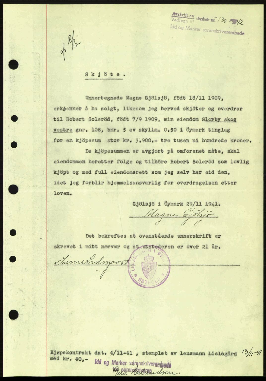 Idd og Marker sorenskriveri, AV/SAO-A-10283/G/Gb/Gbb/L0005: Mortgage book no. A5, 1941-1943, Diary no: : 130/1942