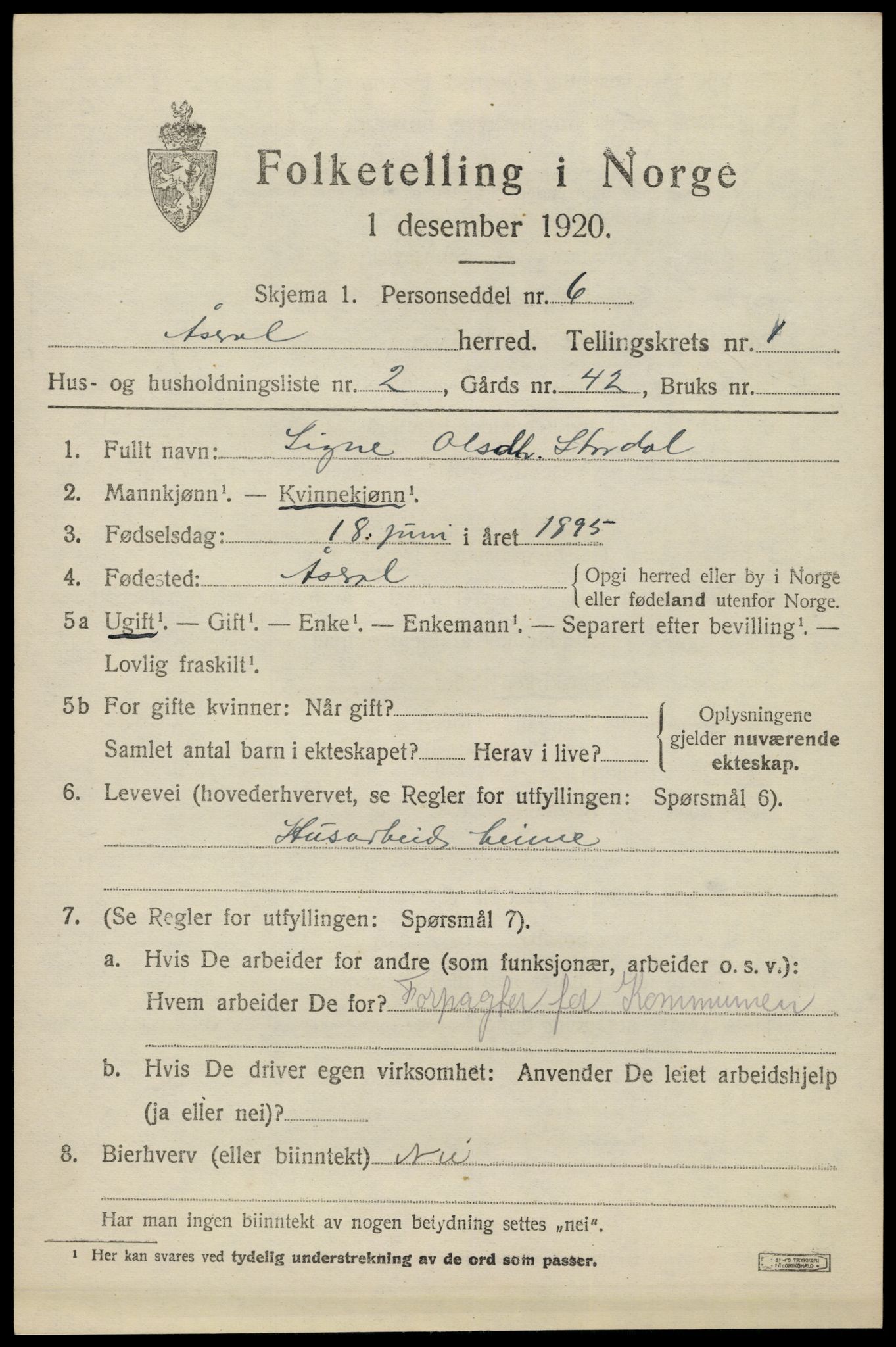 SAK, 1920 census for Åseral, 1920, p. 540