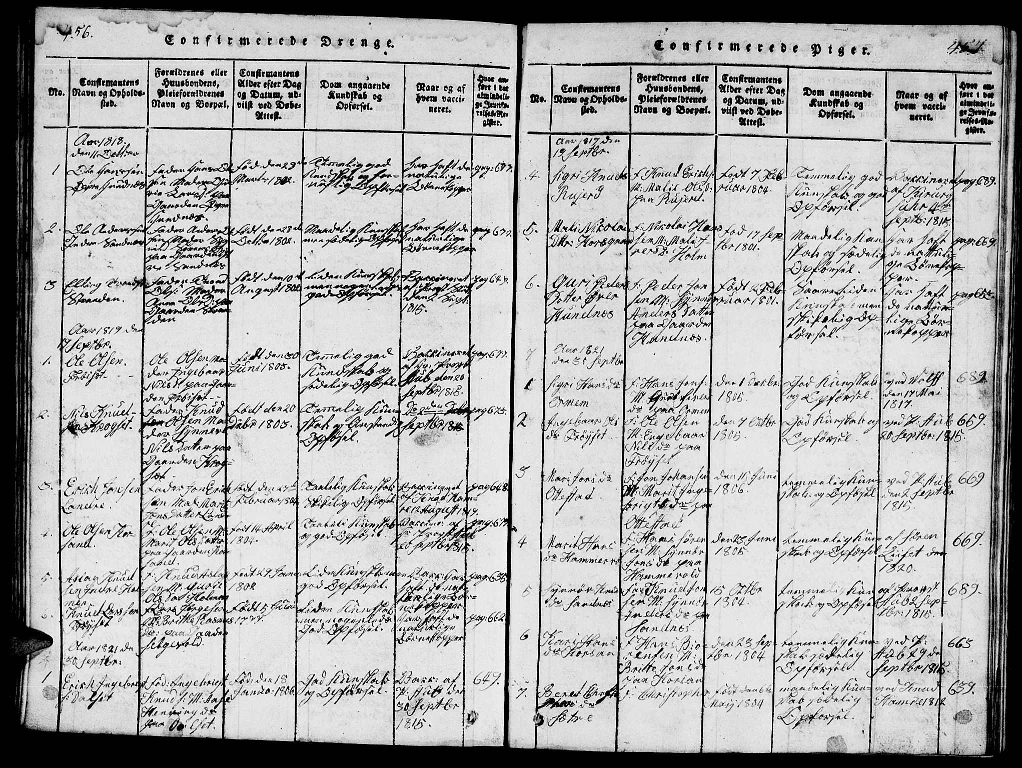 Ministerialprotokoller, klokkerbøker og fødselsregistre - Møre og Romsdal, AV/SAT-A-1454/548/L0613: Parish register (copy) no. 548C01, 1818-1846, p. 456-457