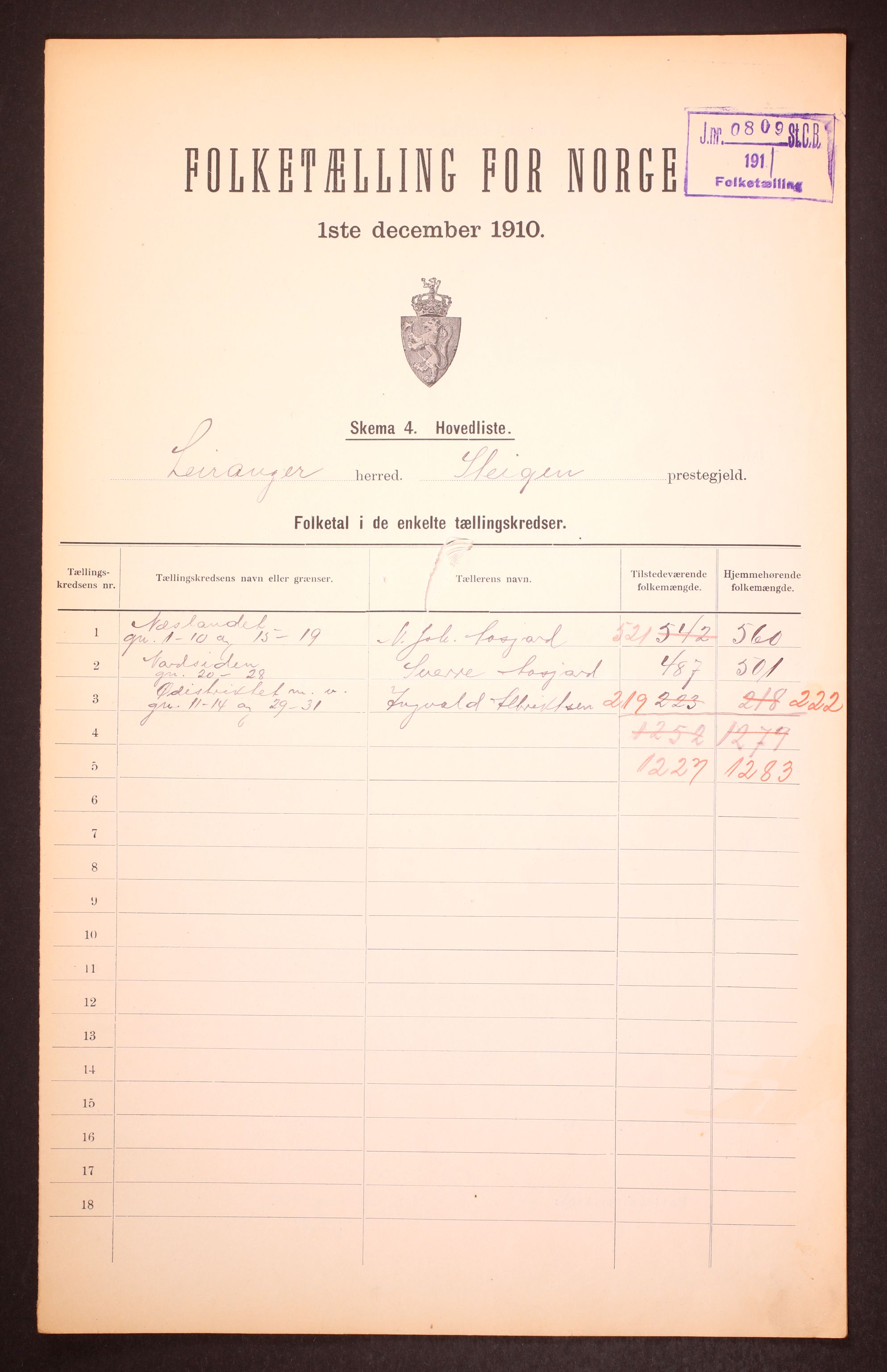 RA, 1910 census for Leiranger, 1910, p. 2