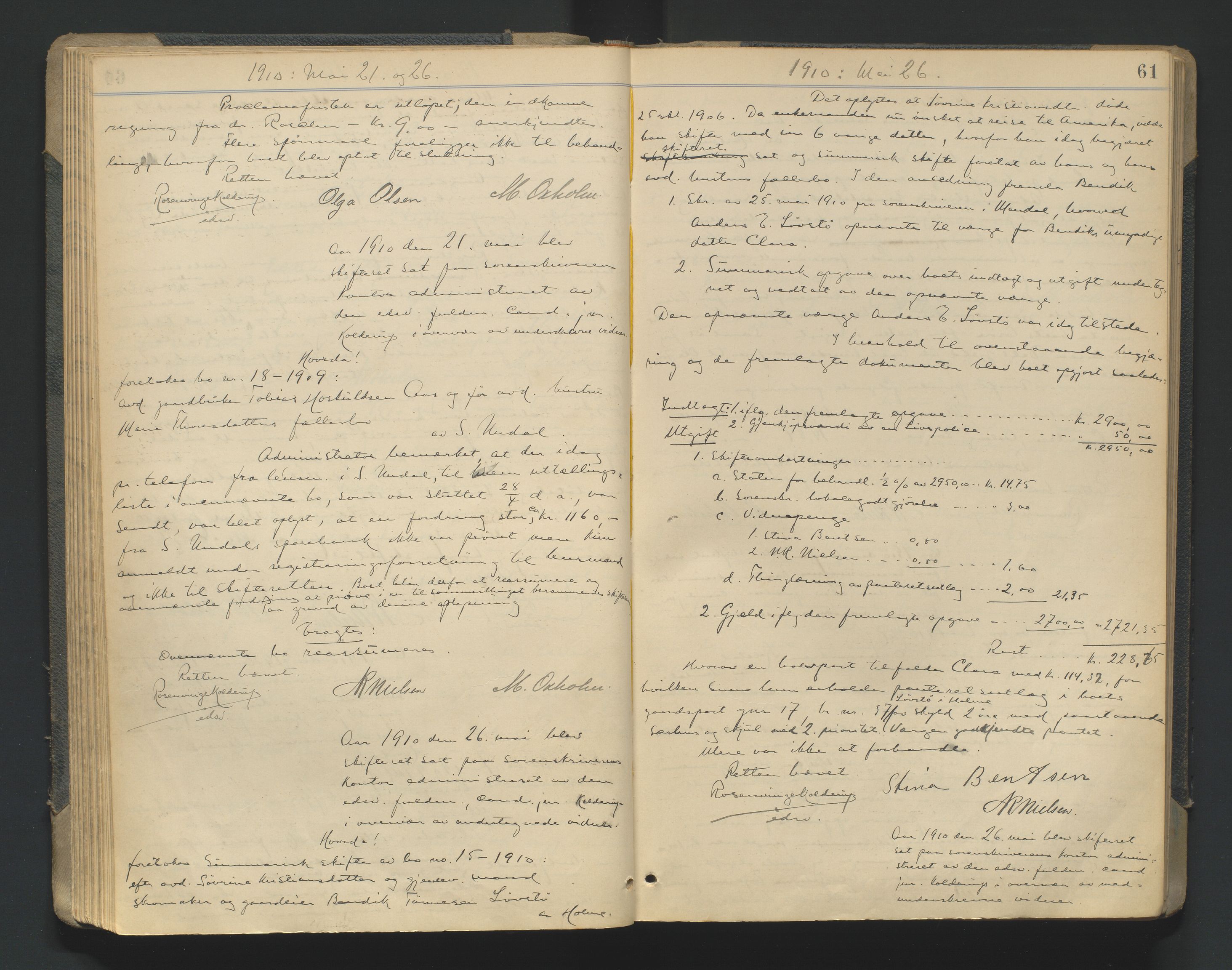 Mandal sorenskriveri, AV/SAK-1221-0005/001/H/Hc/L0081: Skifteforhandlingsprotokoll nr 13, 1909-1913, p. 61