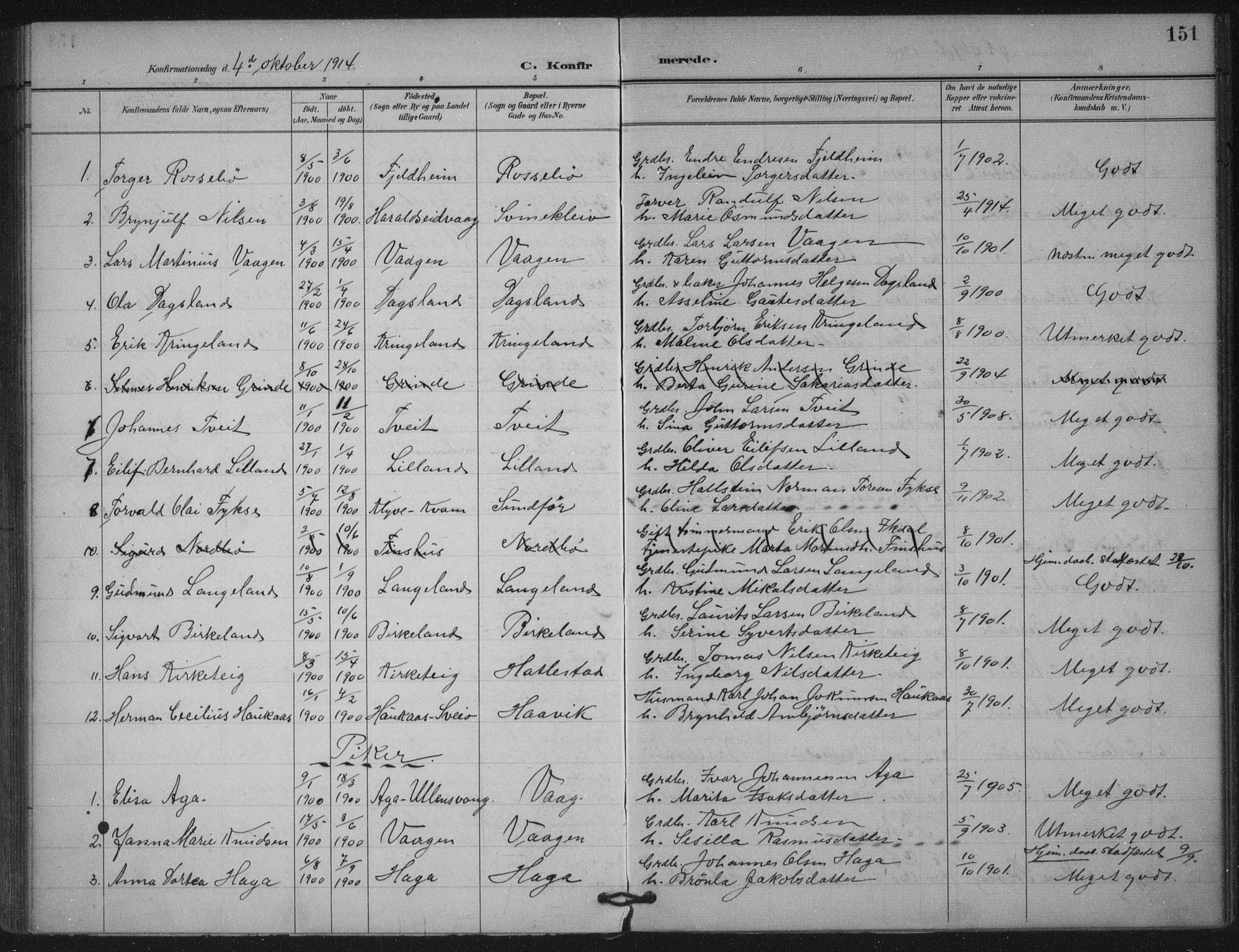 Skjold sokneprestkontor, AV/SAST-A-101847/H/Ha/Haa/L0011: Parish register (official) no. A 11, 1897-1914, p. 151