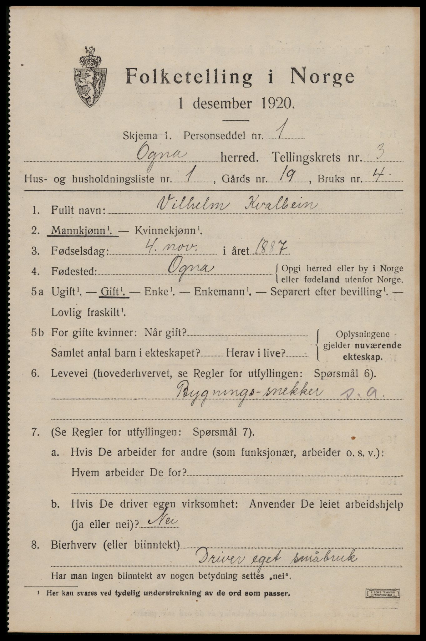 SAST, 1920 census for Ogna, 1920, p. 1747