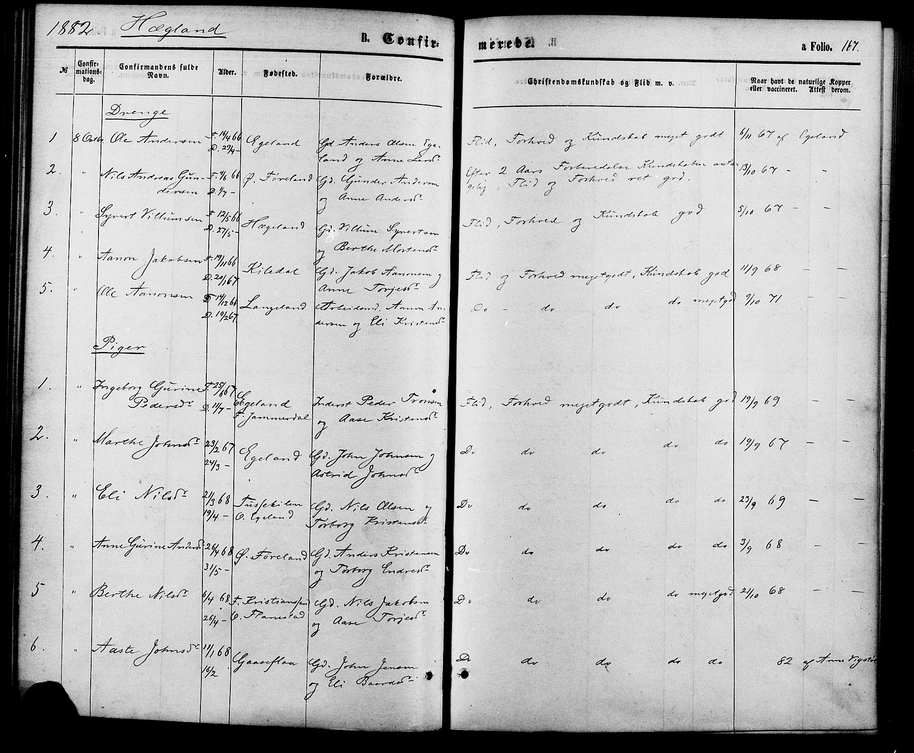 Vennesla sokneprestkontor, AV/SAK-1111-0045/Fa/Fac/L0008: Parish register (official) no. A 8, 1874-1883, p. 167