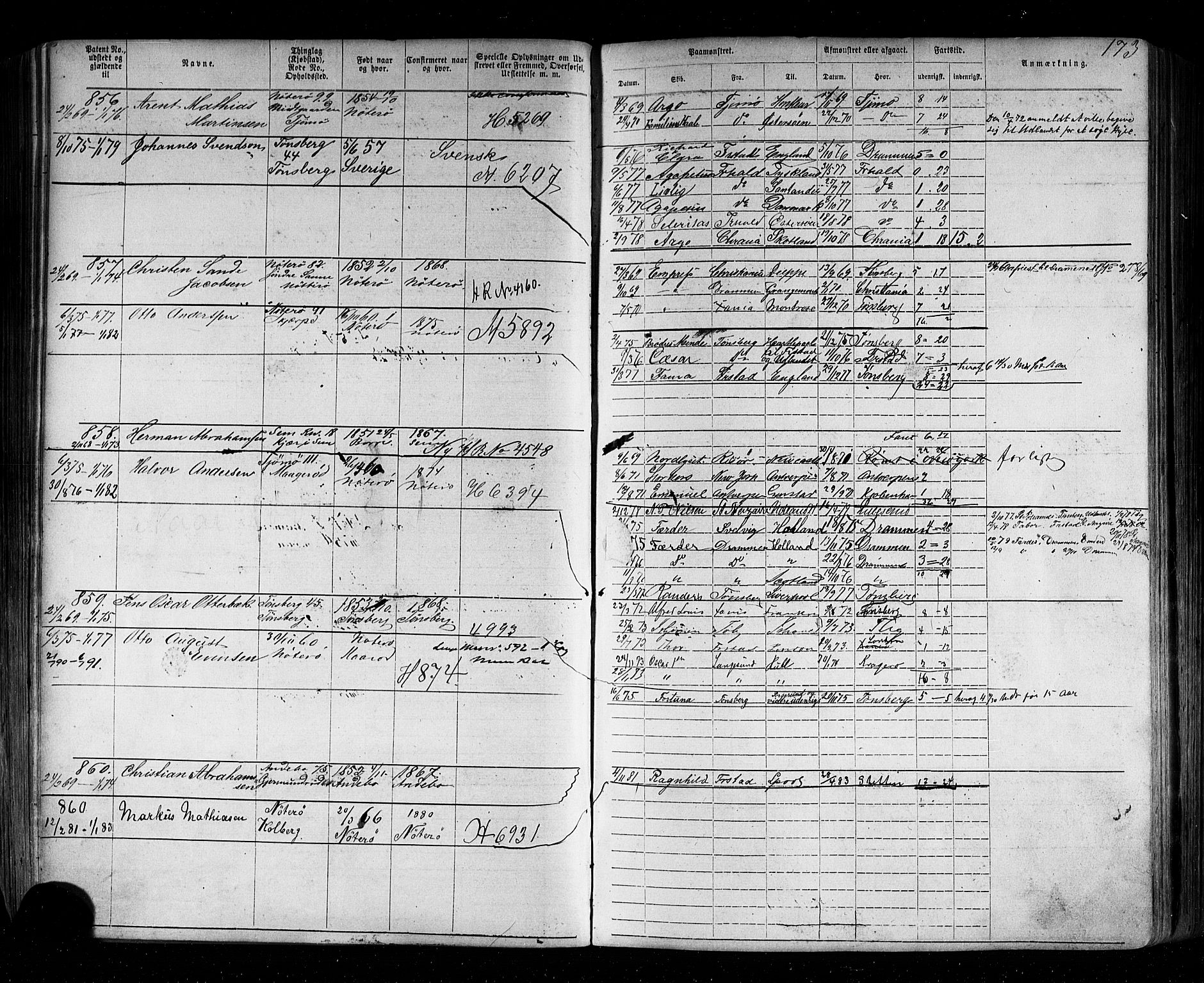 Tønsberg innrulleringskontor, SAKO/A-786/F/Fb/L0002: Annotasjonsrulle Patent nr. 1-2635, 1869-1877, p. 199