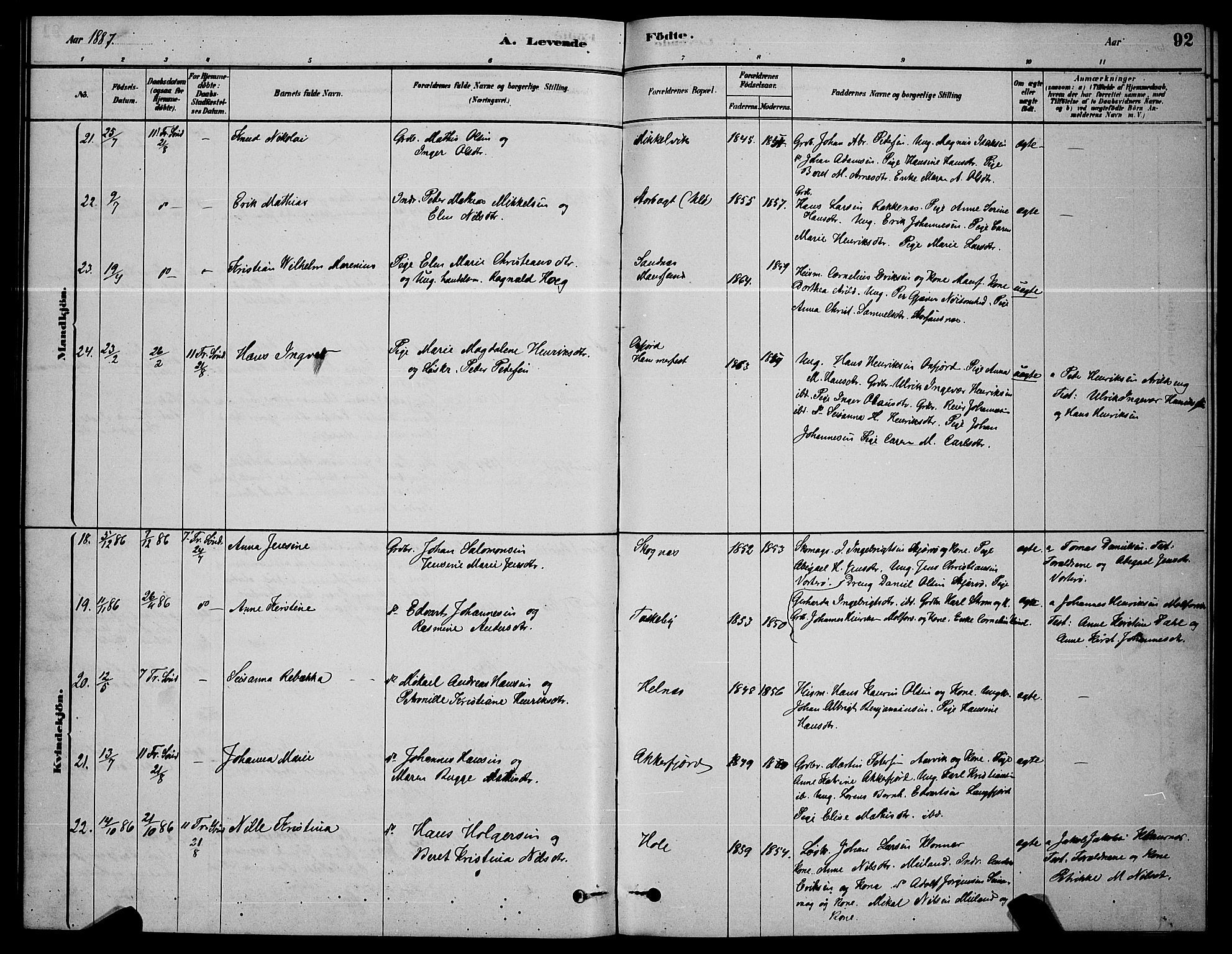 Skjervøy sokneprestkontor, AV/SATØ-S-1300/H/Ha/Hab/L0006klokker: Parish register (copy) no. 6, 1878-1888, p. 92