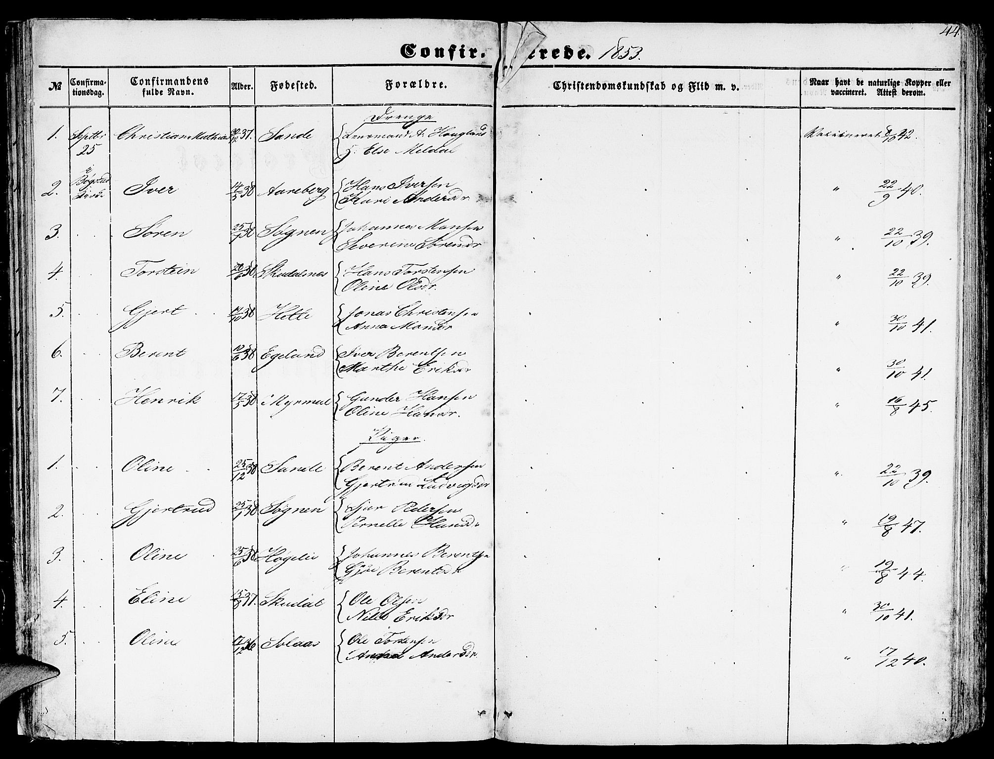 Gaular sokneprestembete, AV/SAB-A-80001/H/Hab: Parish register (copy) no. A 1, 1853-1864, p. 44