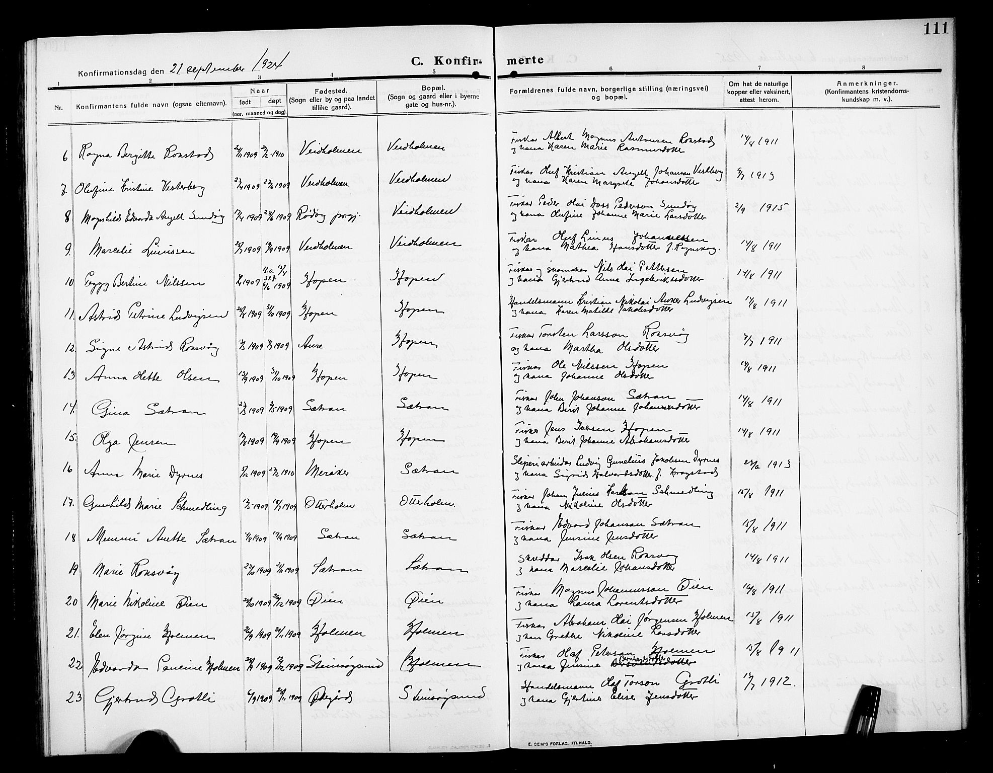 Ministerialprotokoller, klokkerbøker og fødselsregistre - Møre og Romsdal, SAT/A-1454/583/L0956: Parish register (copy) no. 583C01, 1909-1925, p. 111