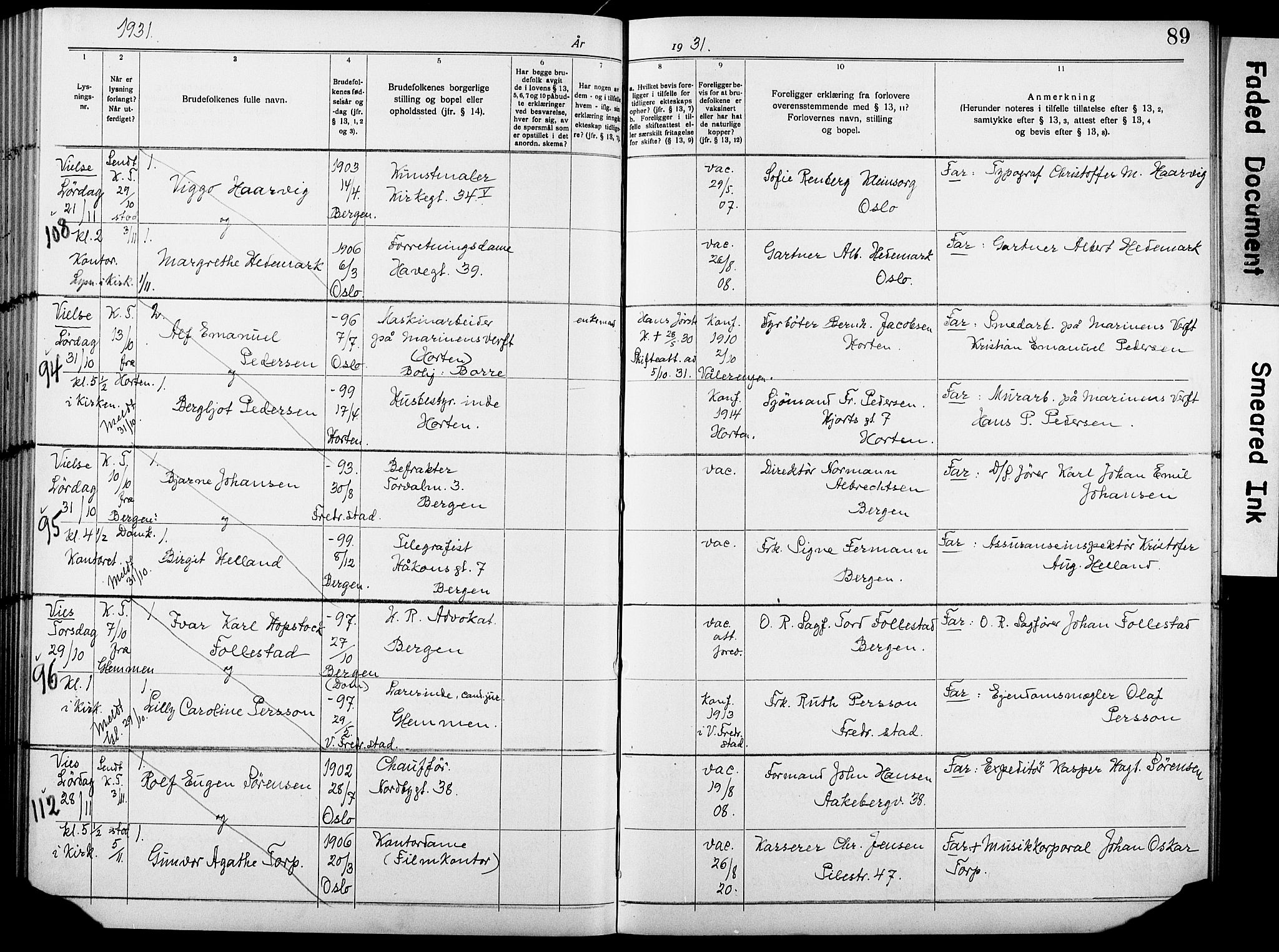 Garnisonsmenigheten Kirkebøker, AV/SAO-A-10846/H/Ha/L0010: Banns register no. I 10, 1922-1932, p. 89