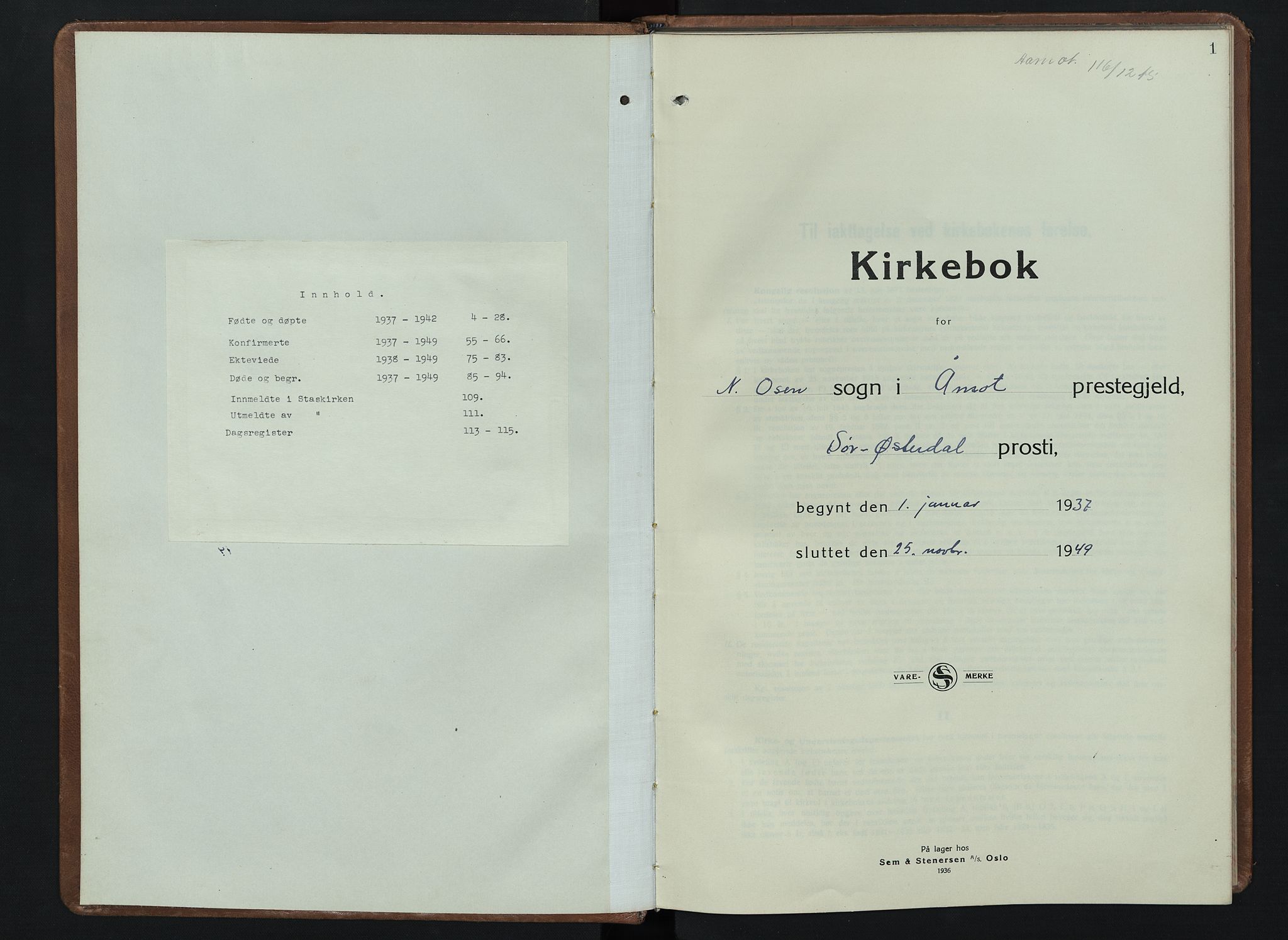 Åmot prestekontor, Hedmark, AV/SAH-PREST-056/H/Ha/Hab/L0007: Parish register (copy) no. 7, 1937-1949, p. 1