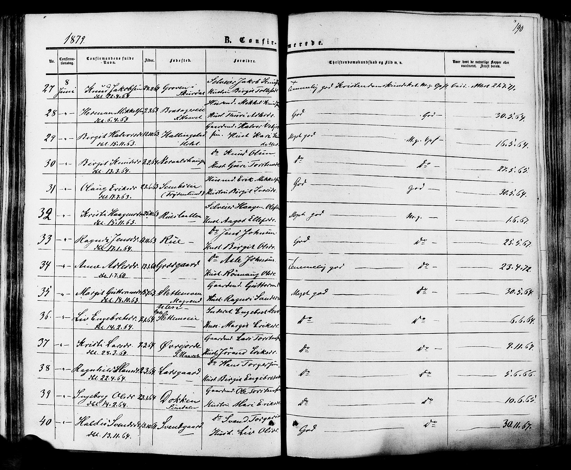 Hol kirkebøker, SAKO/A-227/F/Fa/L0002: Parish register (official) no. I 2, 1870-1886, p. 190
