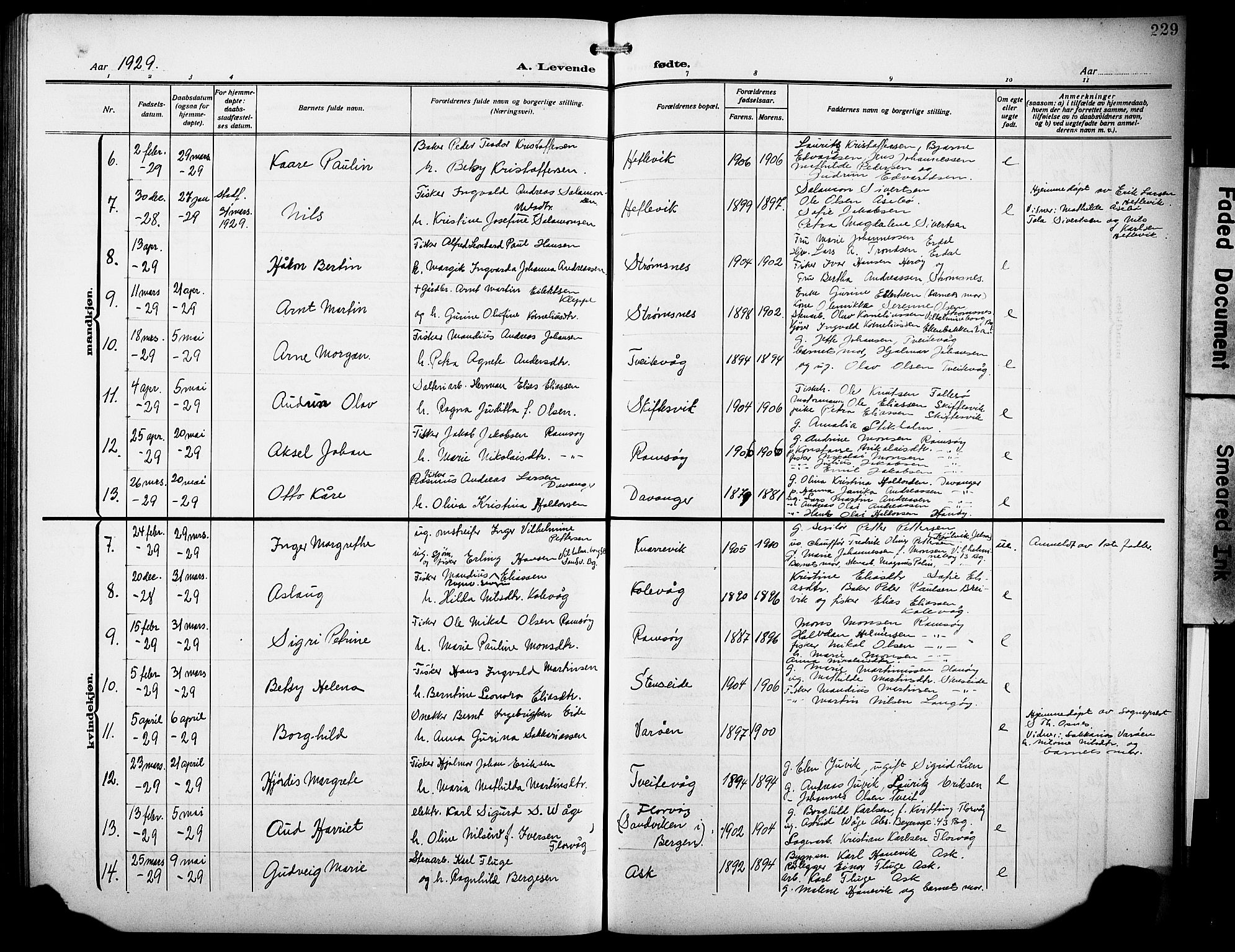 Askøy Sokneprestembete, AV/SAB-A-74101/H/Ha/Hab/Haba/L0011: Parish register (copy) no. A 11, 1908-1931, p. 229