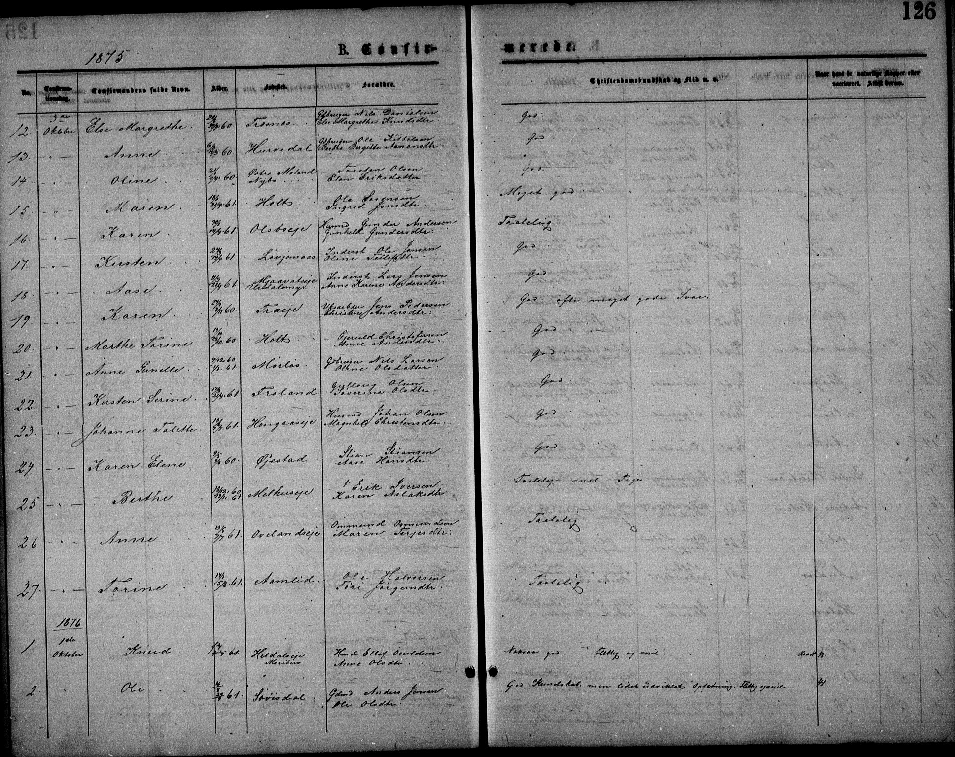 Froland sokneprestkontor, AV/SAK-1111-0013/F/Fb/L0009: Parish register (copy) no. B 9, 1875-1893, p. 126