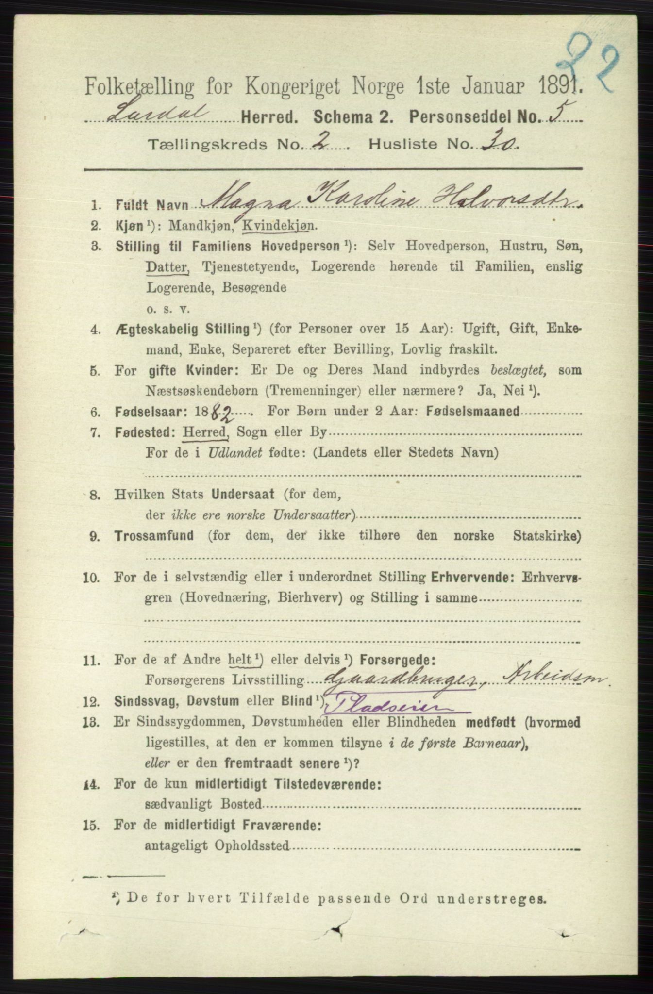 RA, 1891 census for 0728 Lardal, 1891, p. 891