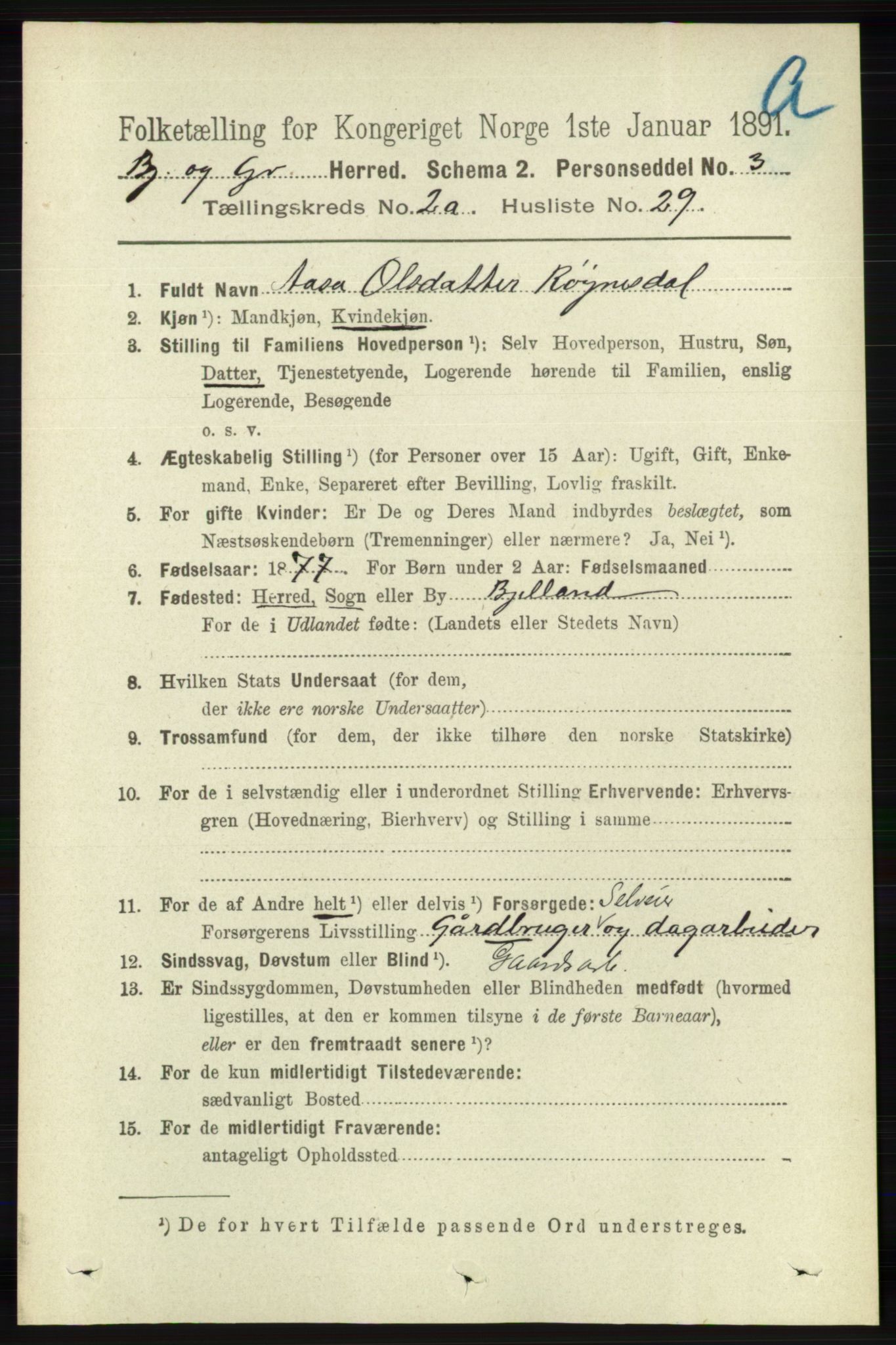 RA, 1891 census for 1024 Bjelland og Grindheim, 1891, p. 1293