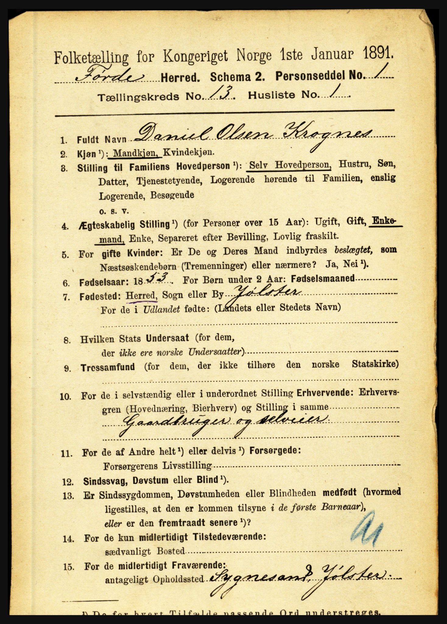 RA, 1891 census for 1432 Førde, 1891, p. 4581