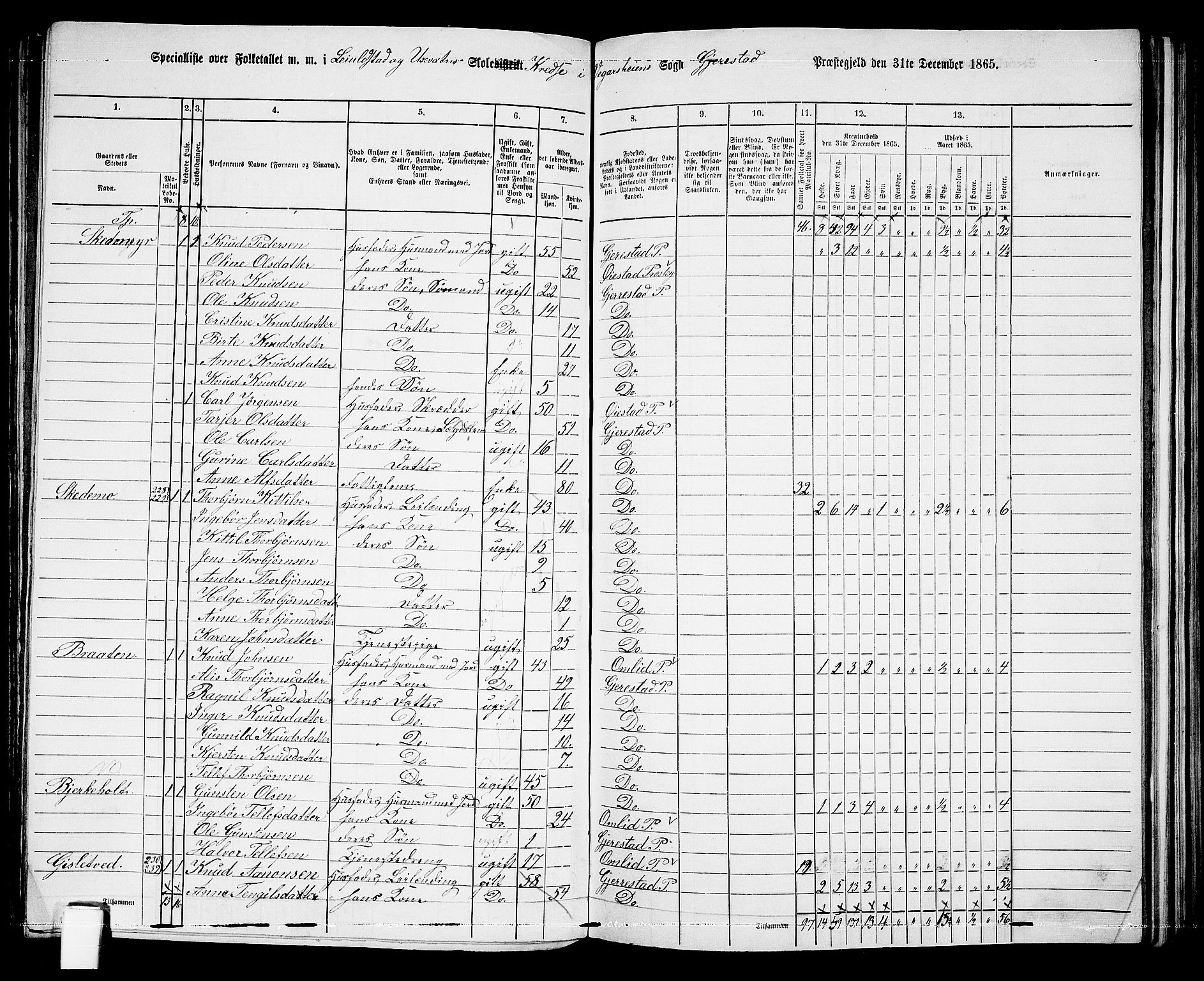 RA, 1865 census for Gjerstad, 1865, p. 133