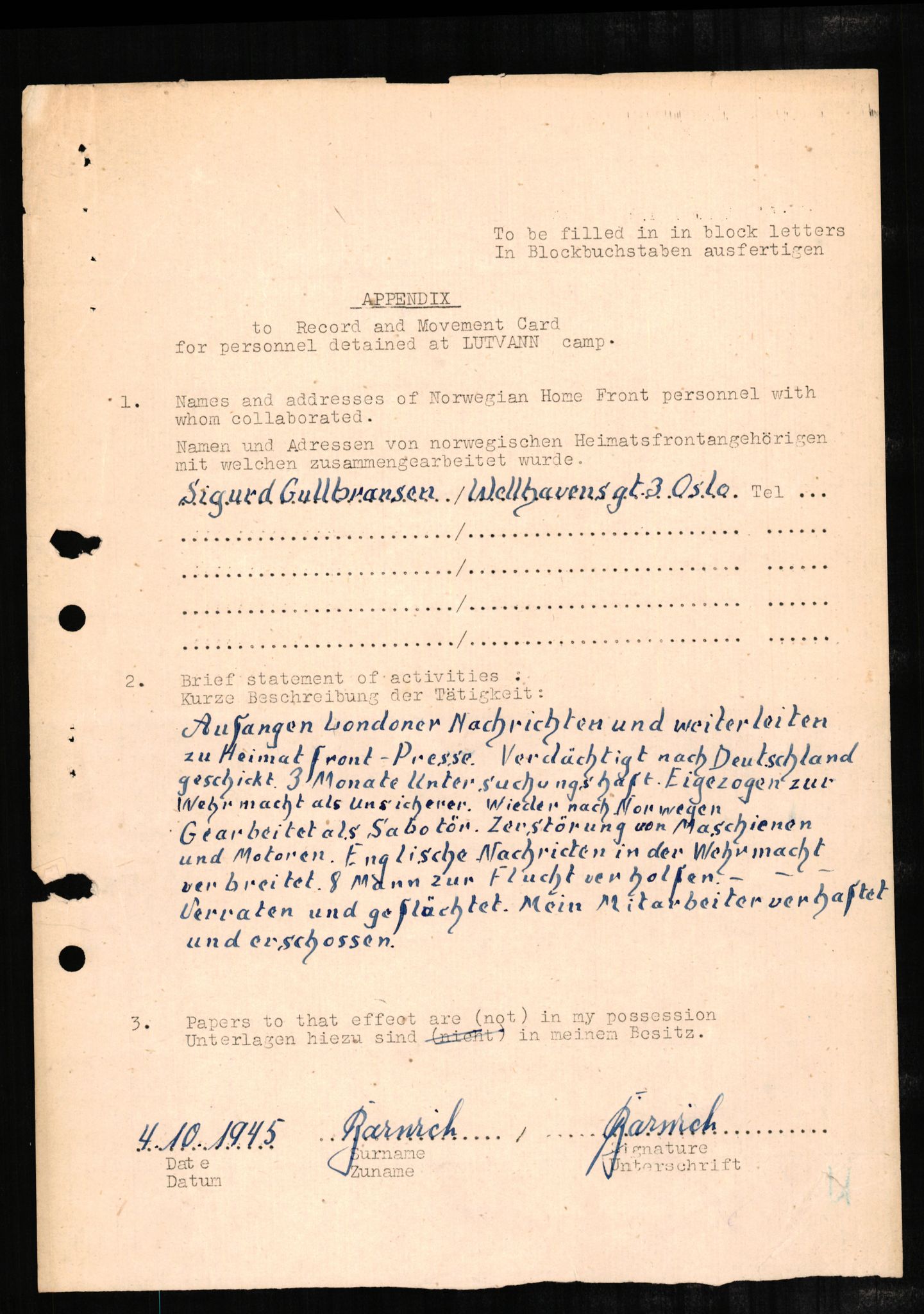 Forsvaret, Forsvarets overkommando II, RA/RAFA-3915/D/Db/L0002: CI Questionaires. Tyske okkupasjonsstyrker i Norge. Tyskere., 1945-1946, p. 201