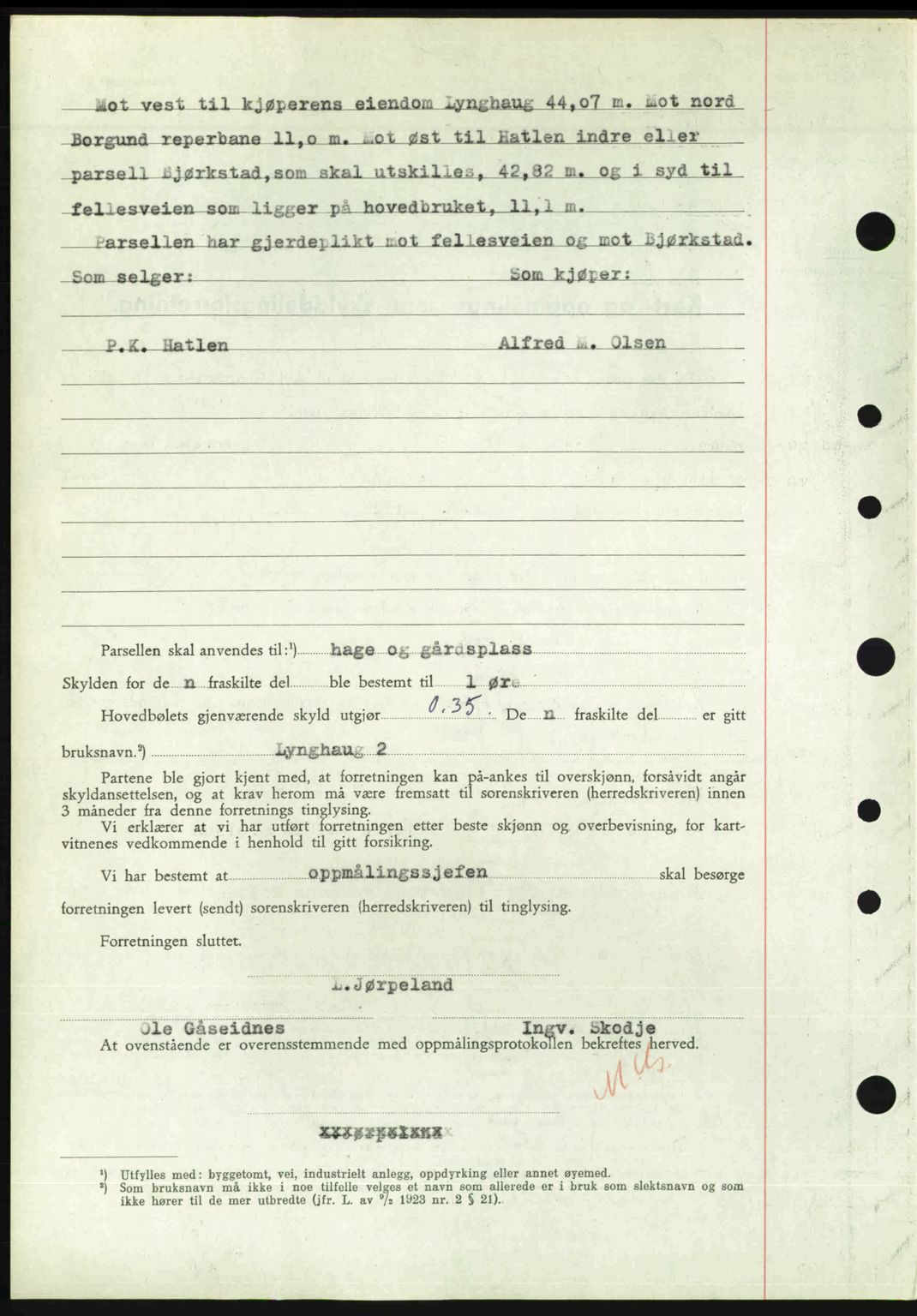 Nordre Sunnmøre sorenskriveri, AV/SAT-A-0006/1/2/2C/2Ca: Mortgage book no. A24, 1947-1947, Diary no: : 961/1947