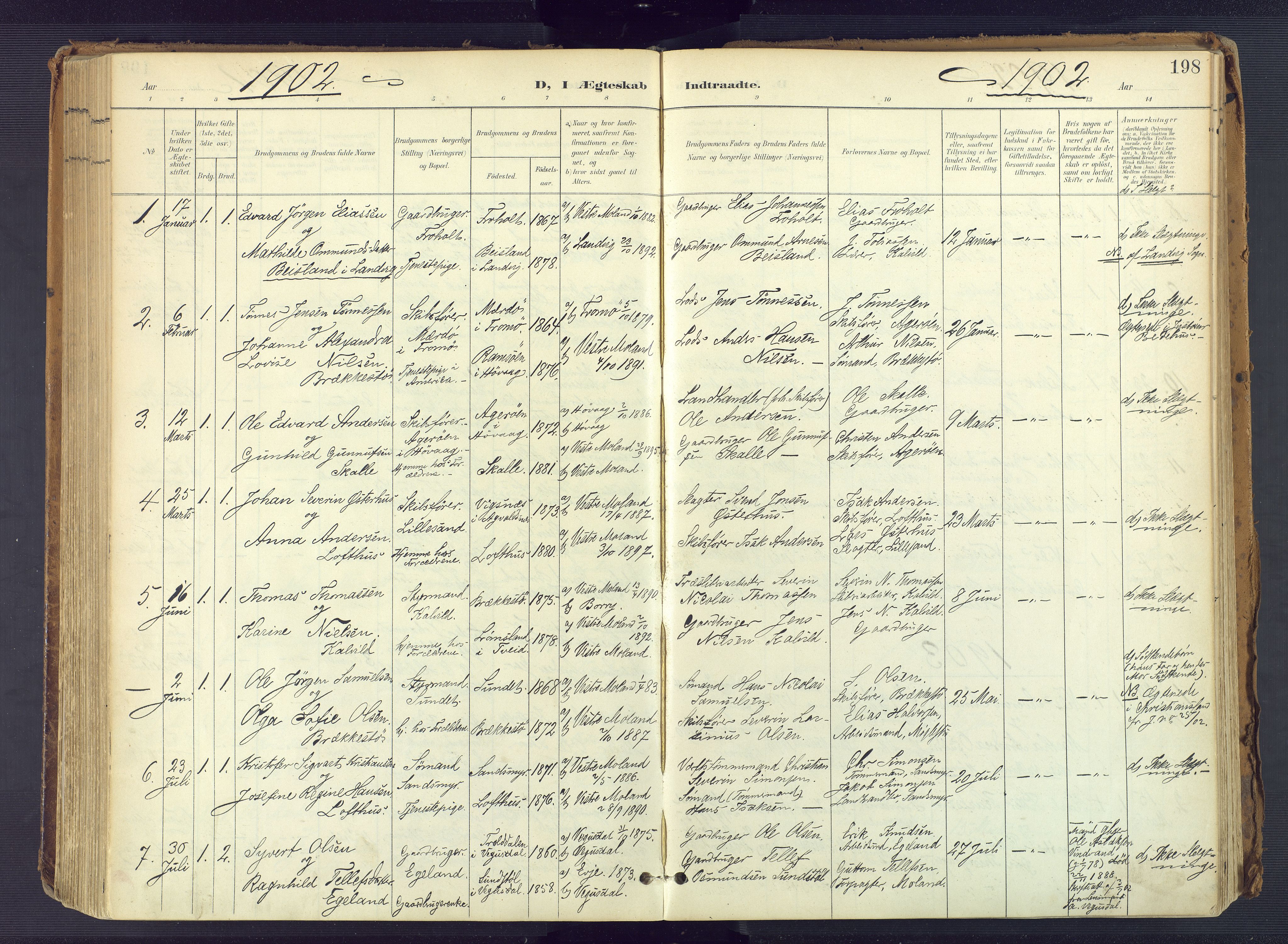 Vestre Moland sokneprestkontor, SAK/1111-0046/F/Fa/Fab/L0010: Parish register (official) no. A 10, 1900-1926, p. 198