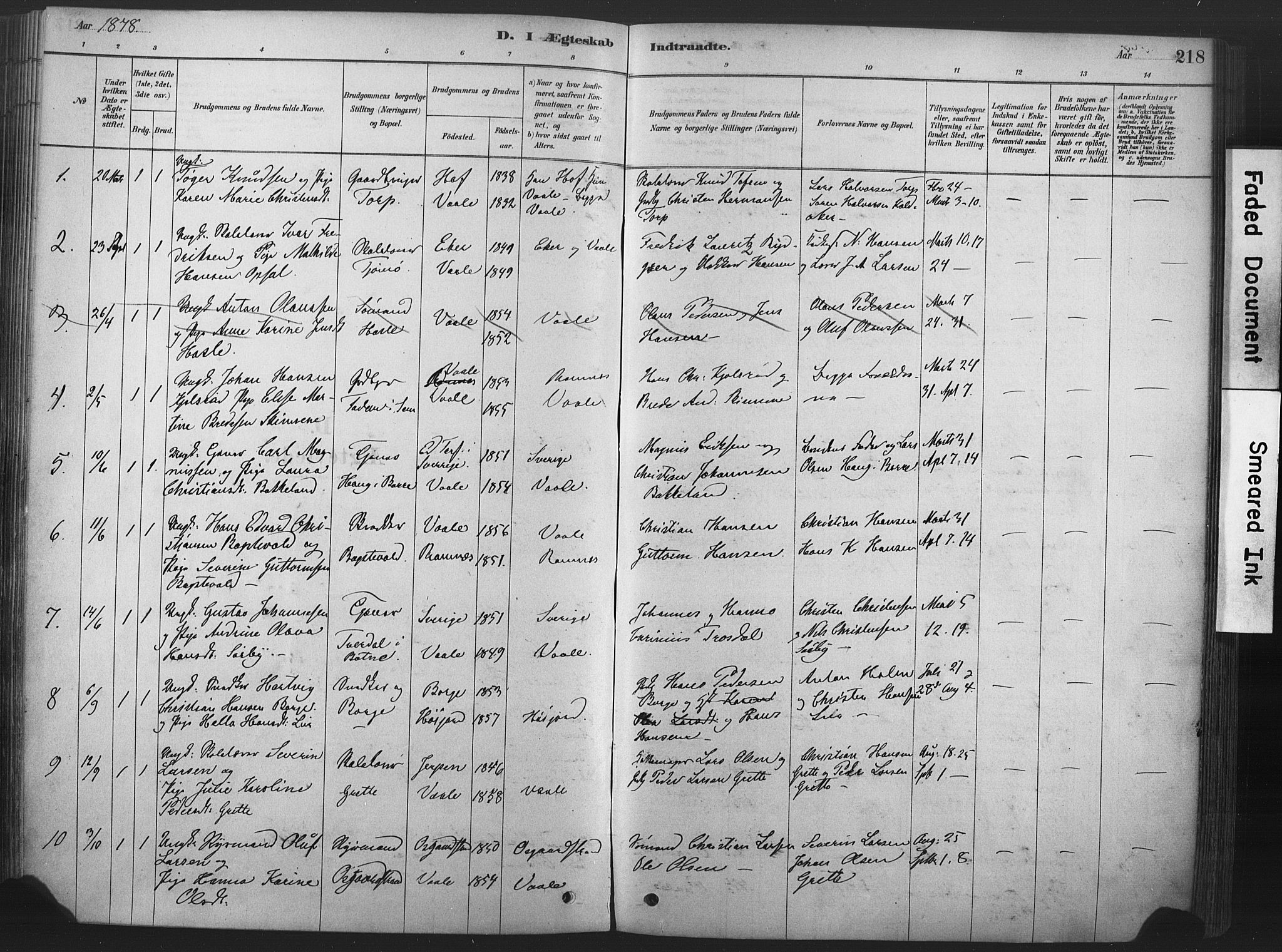 Våle kirkebøker, SAKO/A-334/F/Fa/L0011: Parish register (official) no. I 11, 1878-1906, p. 218