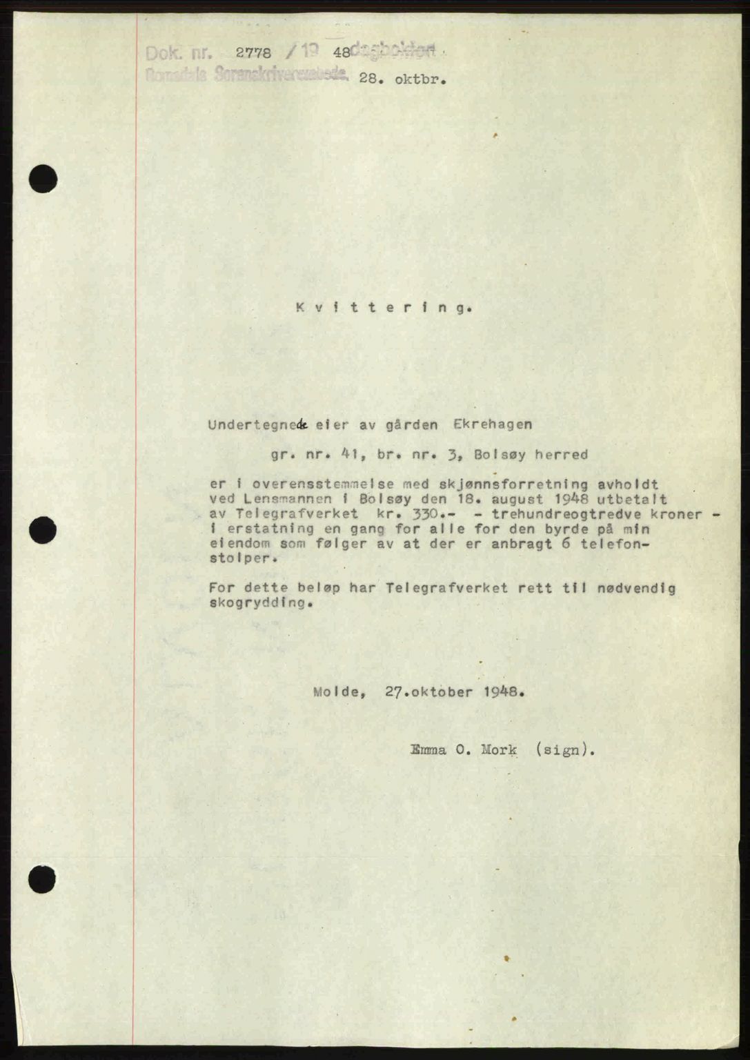 Romsdal sorenskriveri, AV/SAT-A-4149/1/2/2C: Mortgage book no. A27, 1948-1948, Diary no: : 2778/1948